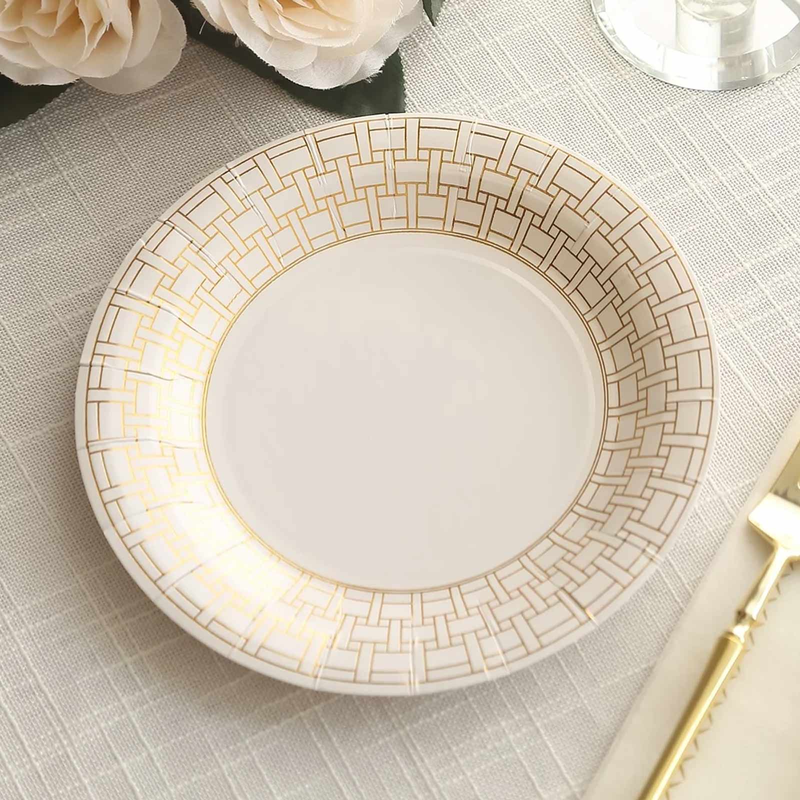 25-Piece Set of 7-Inch White Paper Dessert Plates with Elegant Gold Basketweave Rim