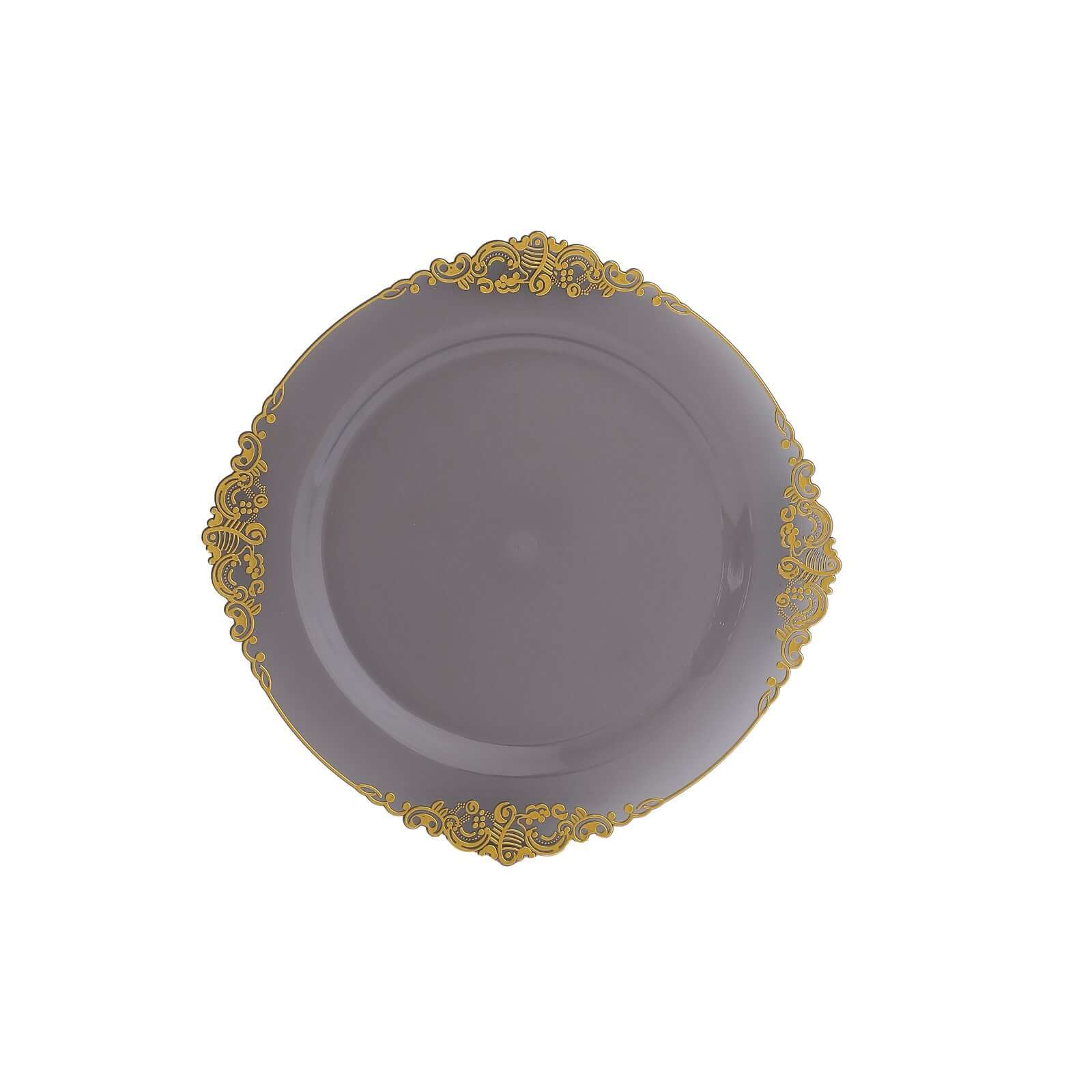 10-Pack Disposable Vintage Baroque Plastic Round Dinner Plates - Transparent Black with Gold Leaf Embossed Rim