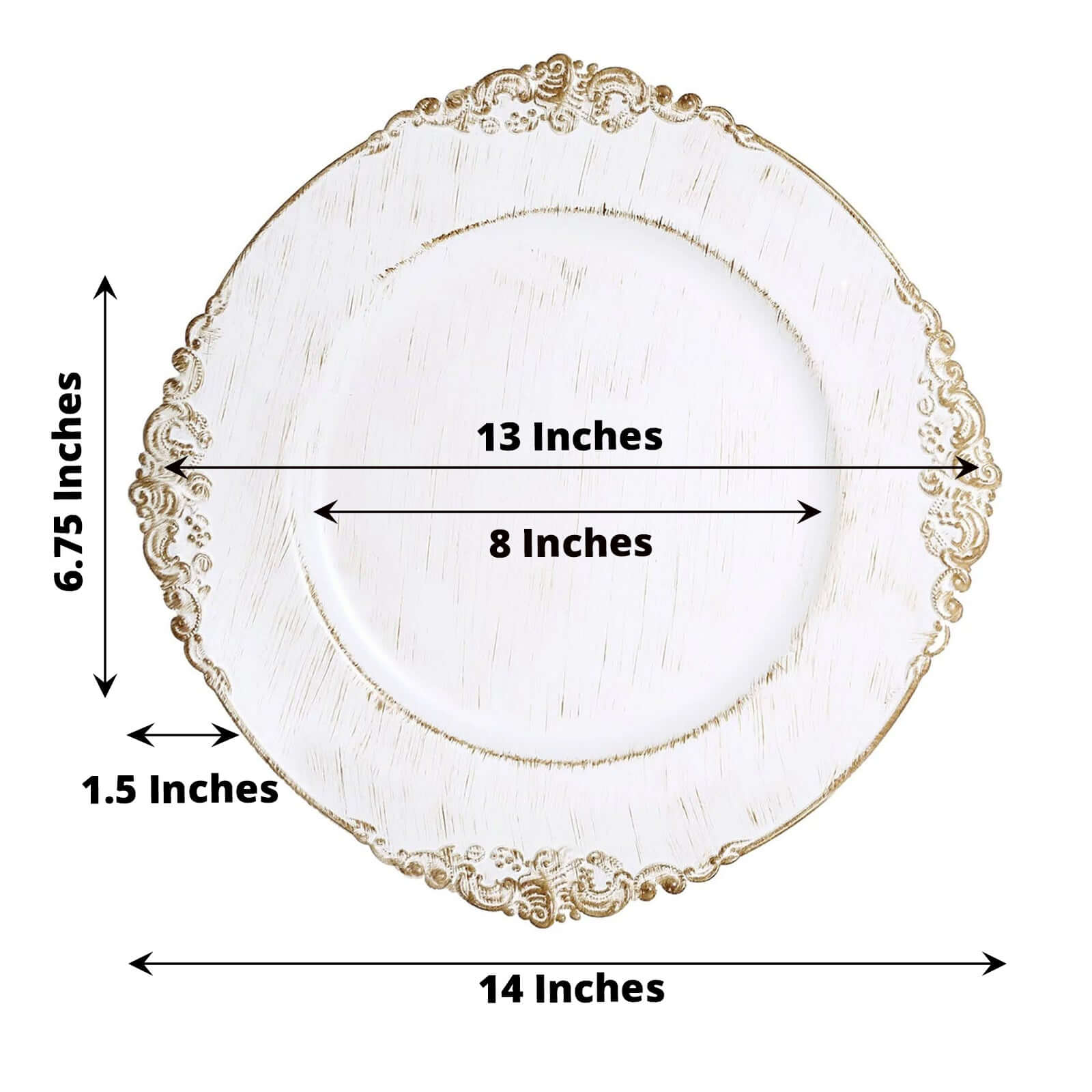 6-Piece Set of 13-Inch White Washed Acrylic Round Charger Plates with Gold Embossed Baroque Rim for Dinner Parties