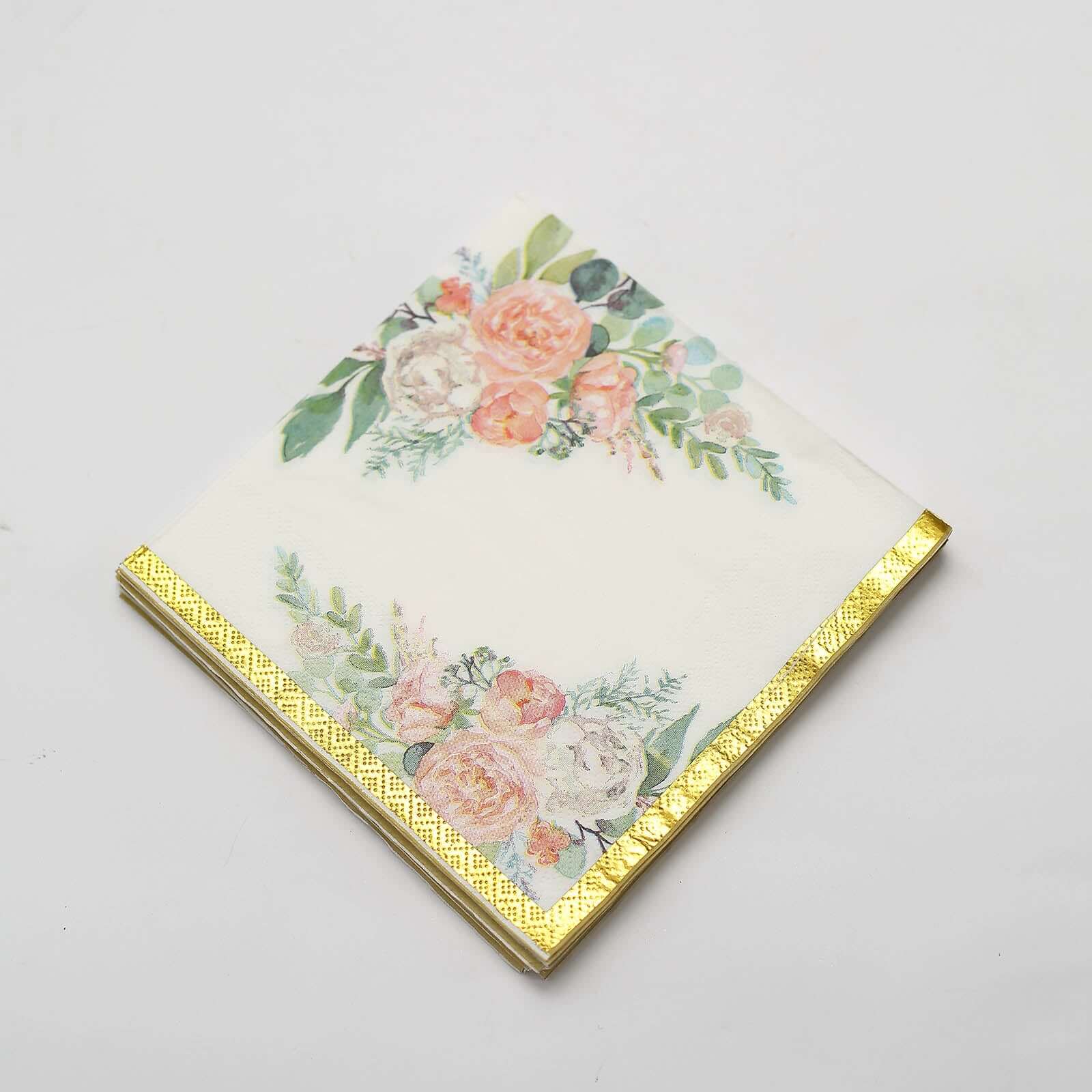20-Pack 18GSM 2-Ply Pink Peony Floral Gold Trimmed White Paper Cocktail Napkins for Weddings - Hot Sale