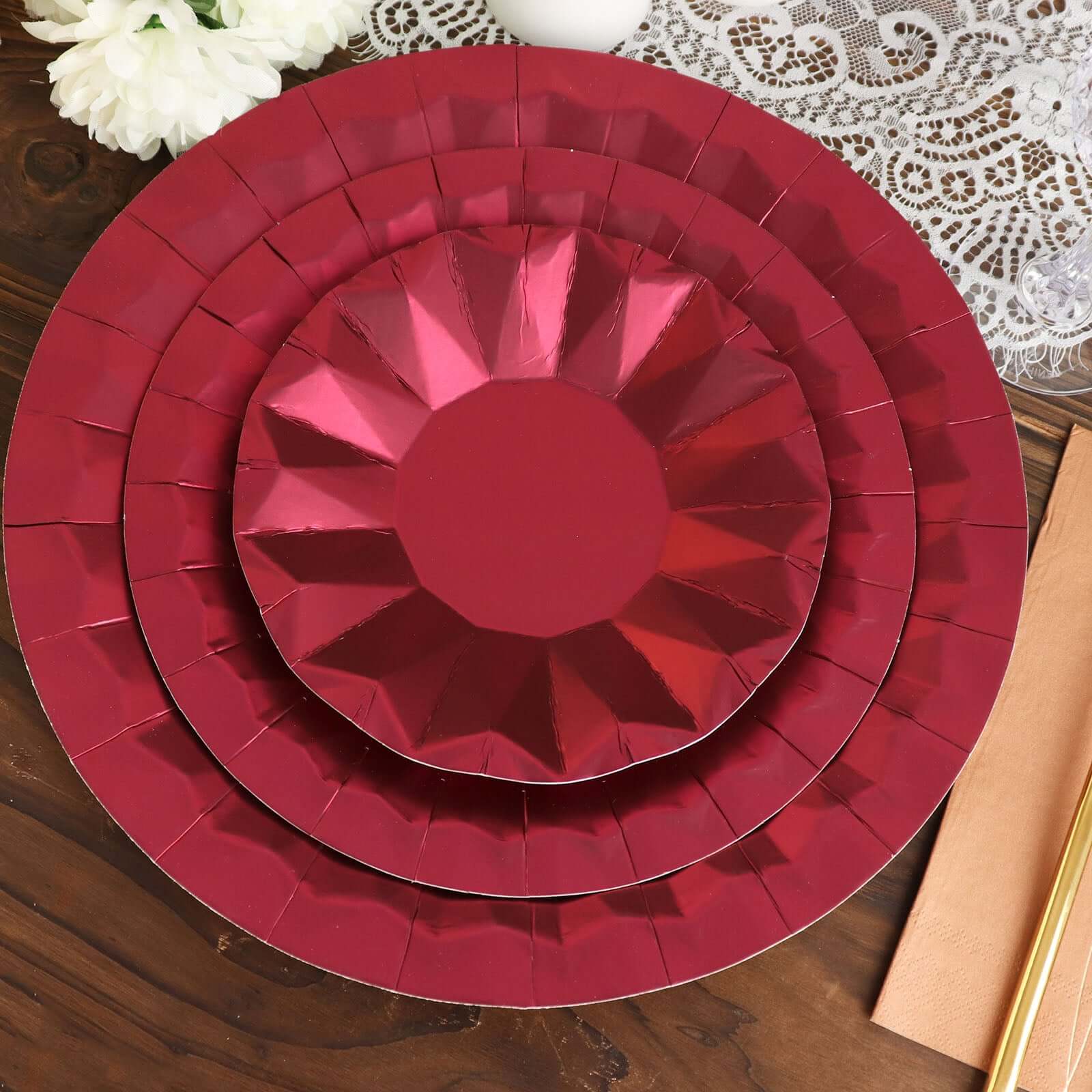 25-Pack Disposable Burgundy Paper Charger Plates with Geometric Design - 12