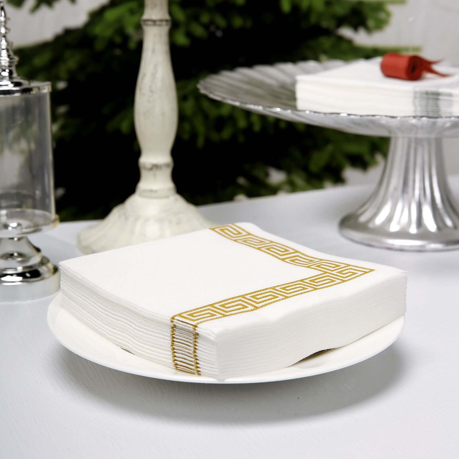 25-Piece Set of Hygienic Disposable Airlaid White Napkins with Gold Greek Key Design, 5x5 Size