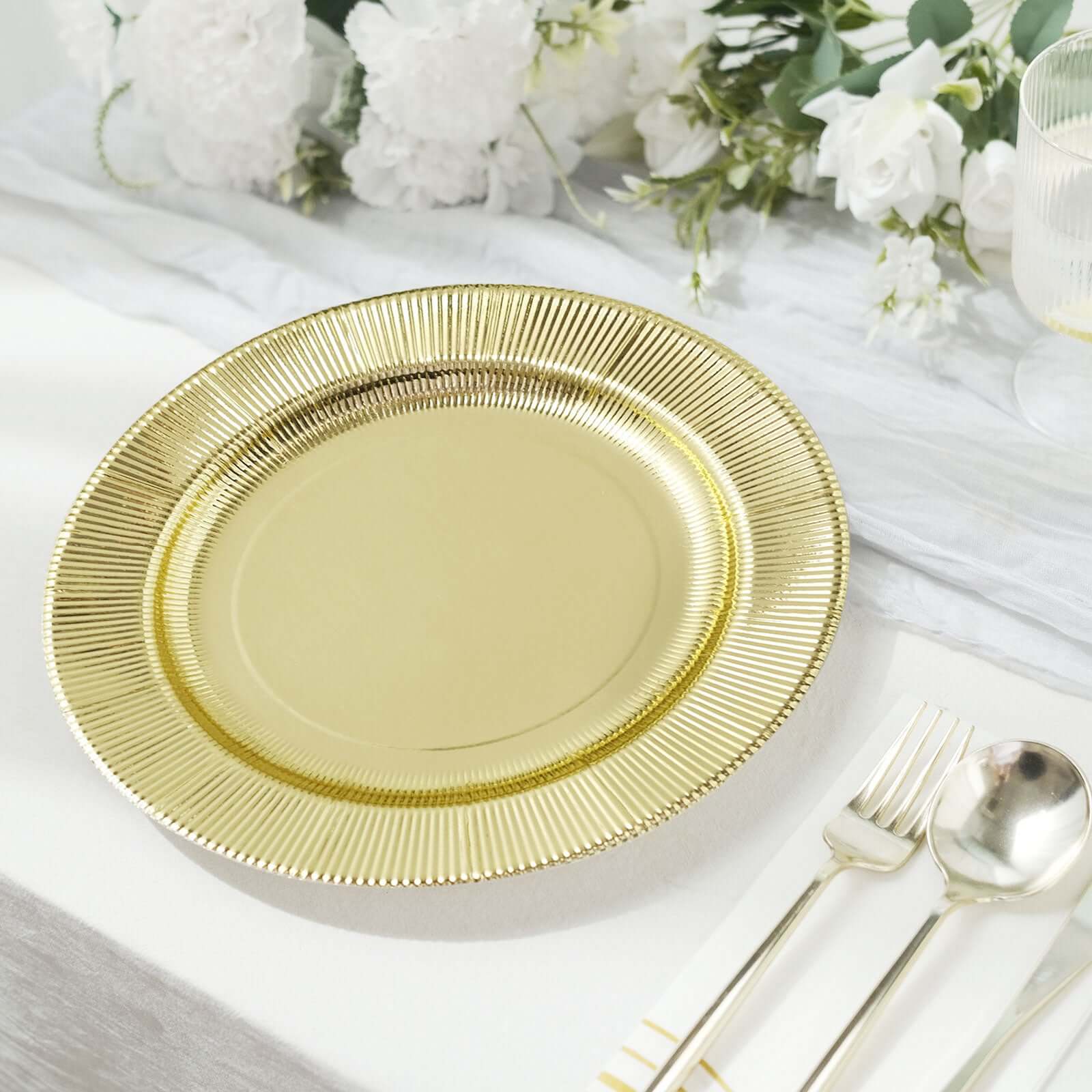 25-Piece Set of Disposable 8-Inch Round Metallic Gold Sunray Design Paper Dessert Plates - Heavy Duty 350GSM