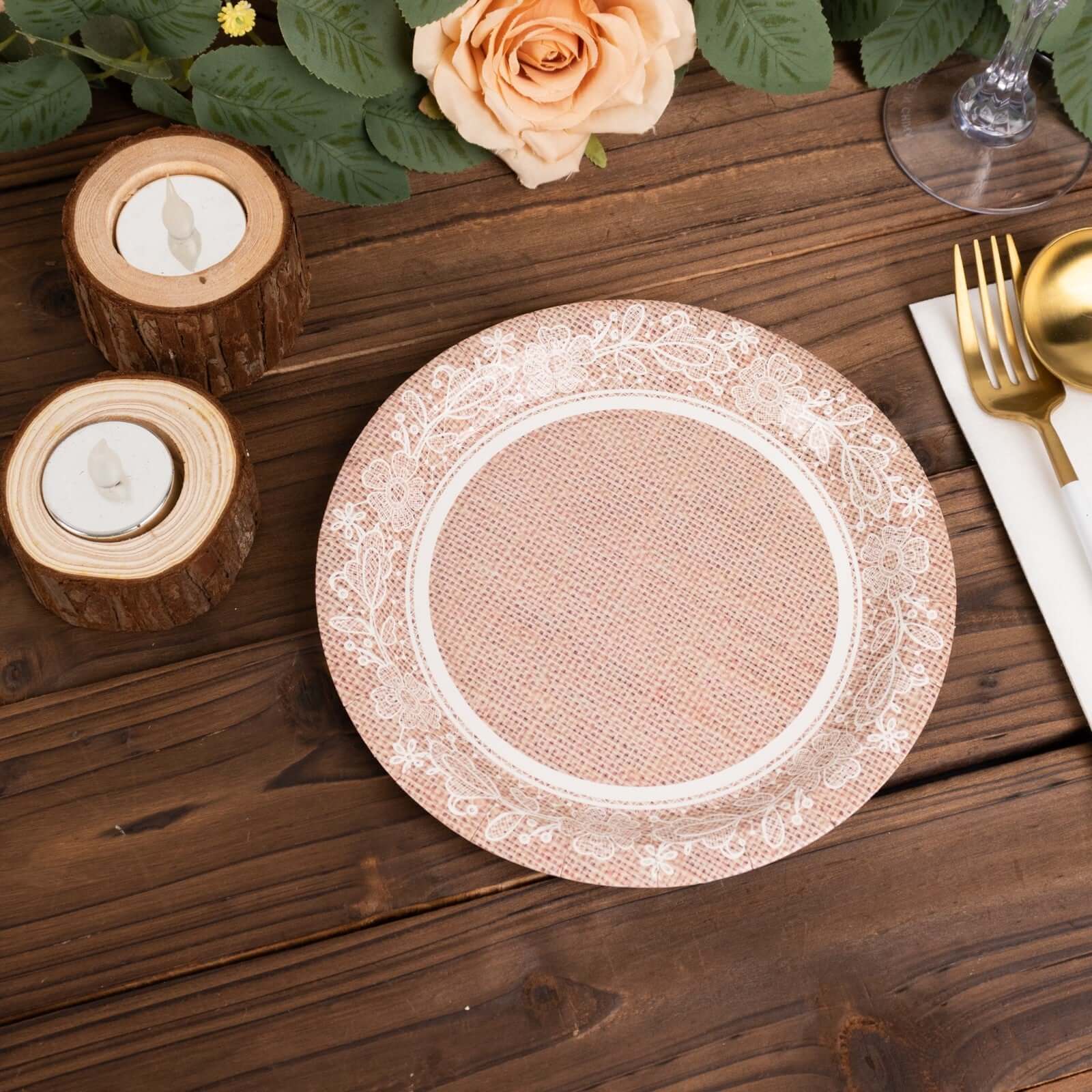 Get 25-Pack Disposable 7-Inch Round Paper Dessert Plates with Burlap Print & Floral Lace for Farmhouse Events
