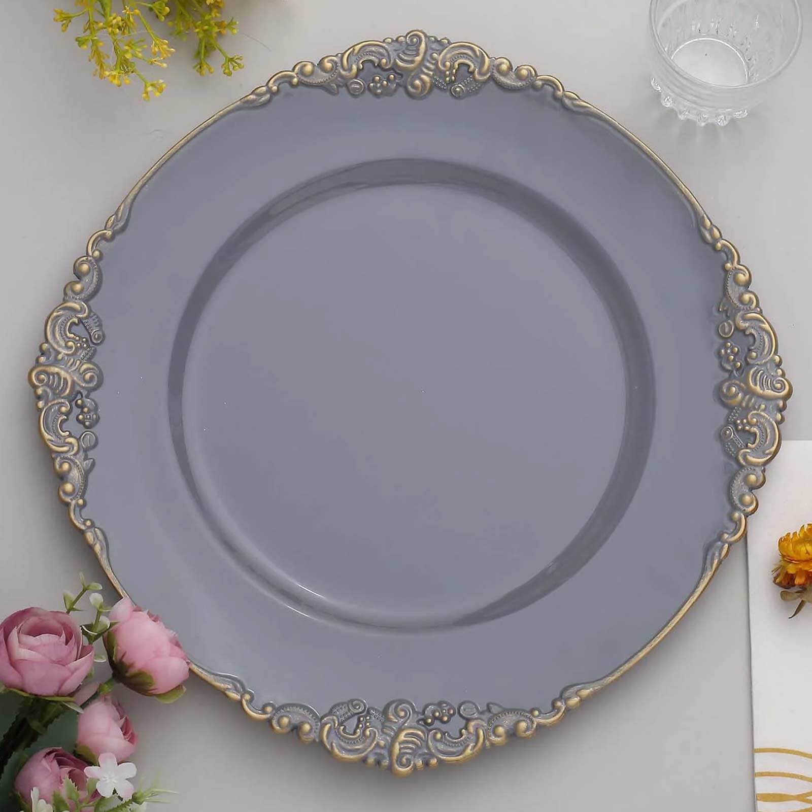 6-Pack 13-Inch Charcoal Gray Acrylic Round Charger Plates with Gold Embossed Baroque Rim - Ideal for Dinner Parties