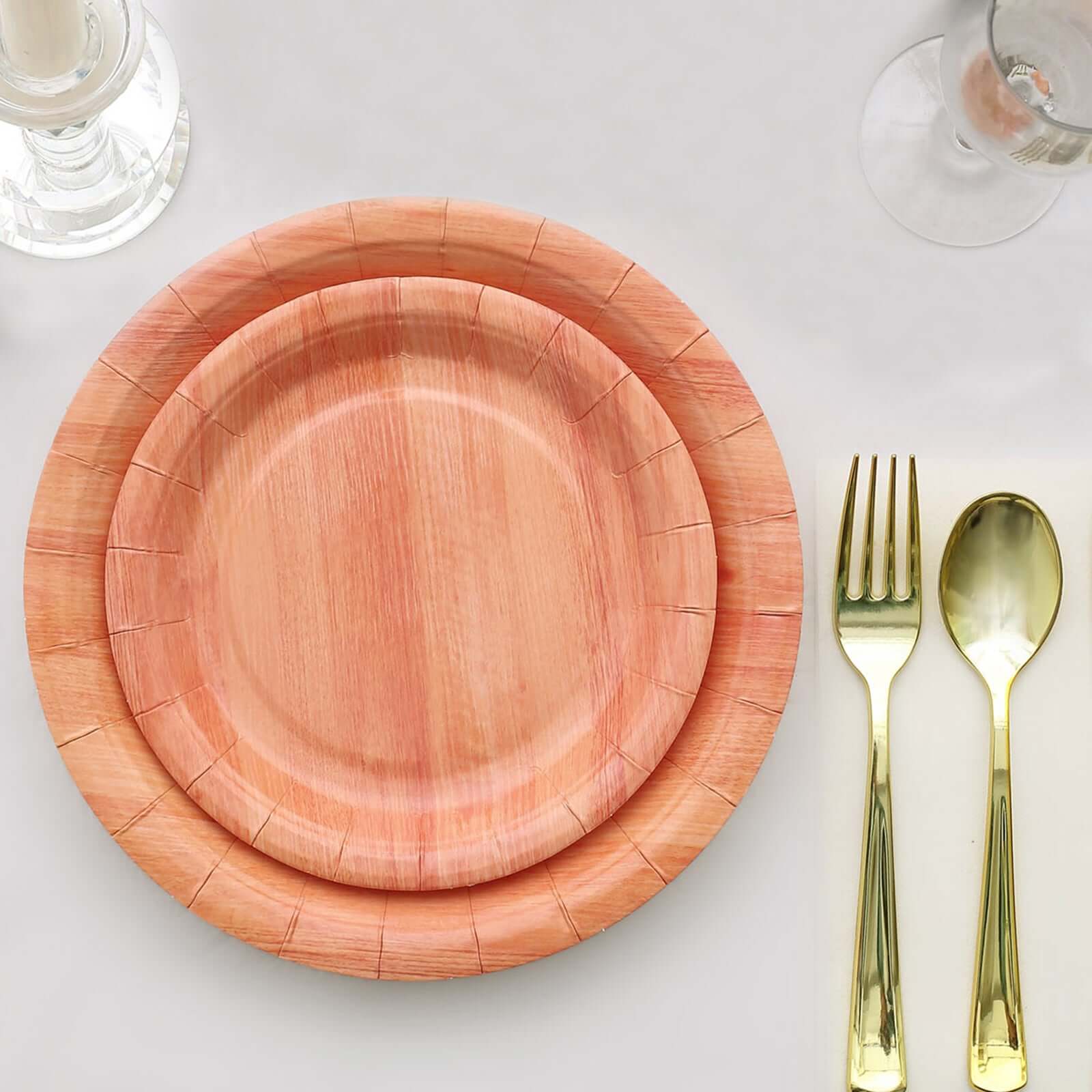 25-Pack Disposable 10-Inch Round Paper Dinner Plates with Natural Wood Grain Print