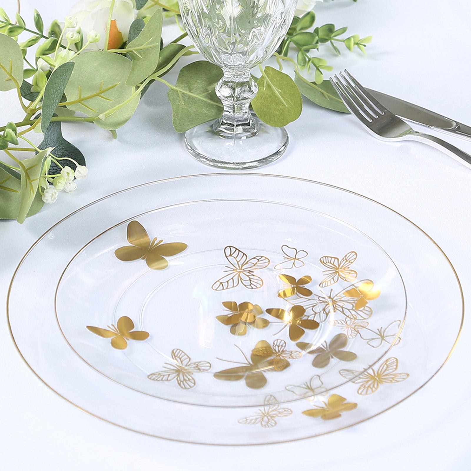 Get 20-Piece Clear Plastic Dinner & Salad Plates with Gold Butterfly Design & Rim - Stylish Disposable Ware