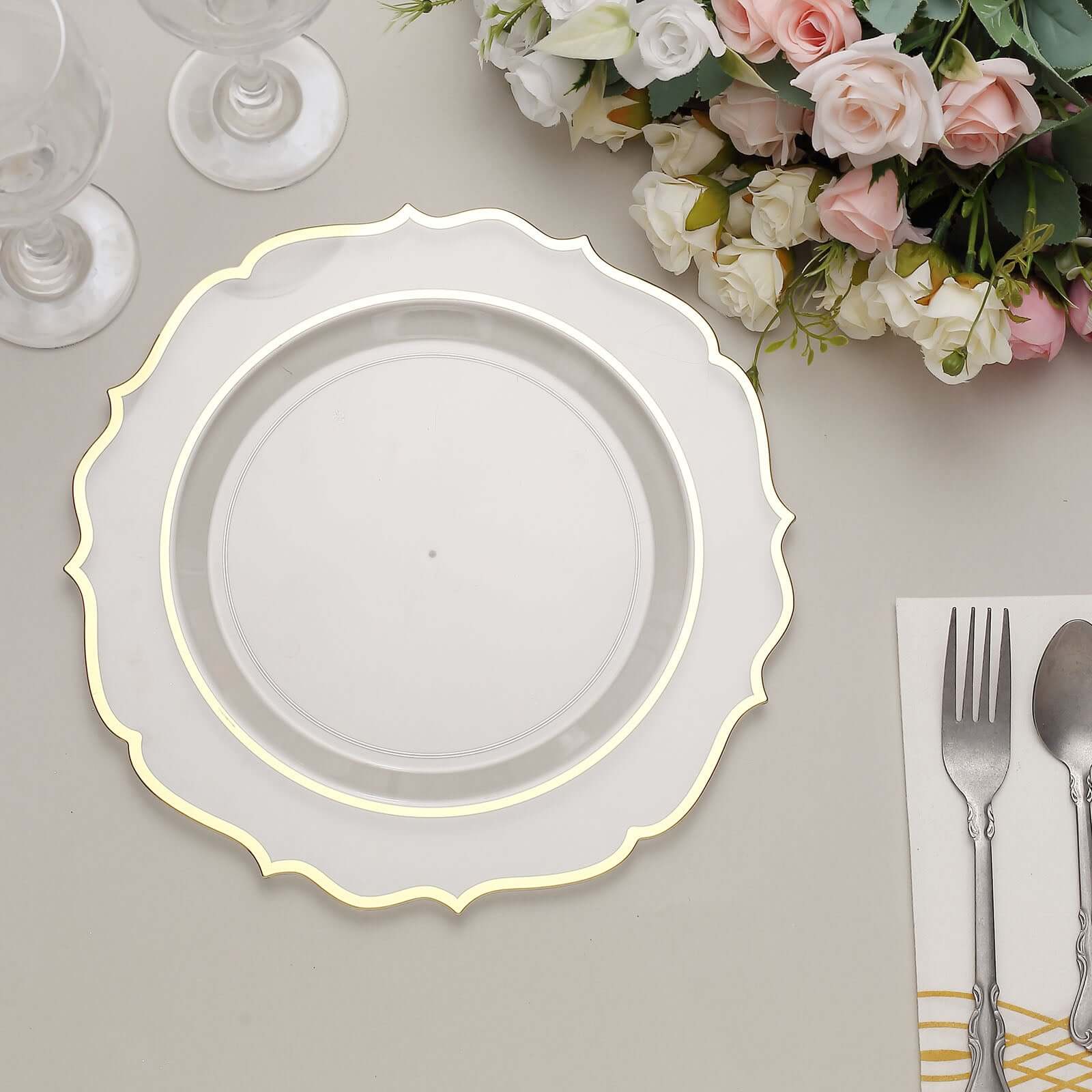 10-Piece Set of Clear Plastic Round Dinner Plates with Gold Scalloped Rims - Disposable for Parties