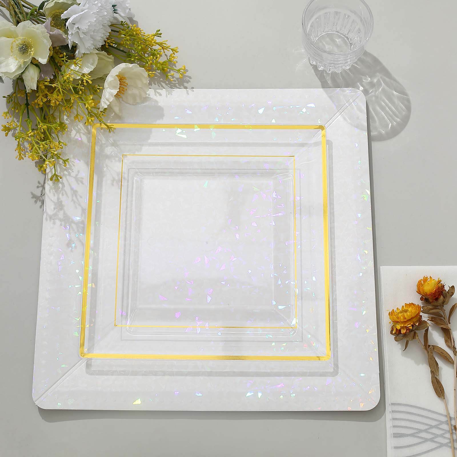 10-Pack Gold Trim Clear Square Plastic Disposable Dinner Plates for Parties