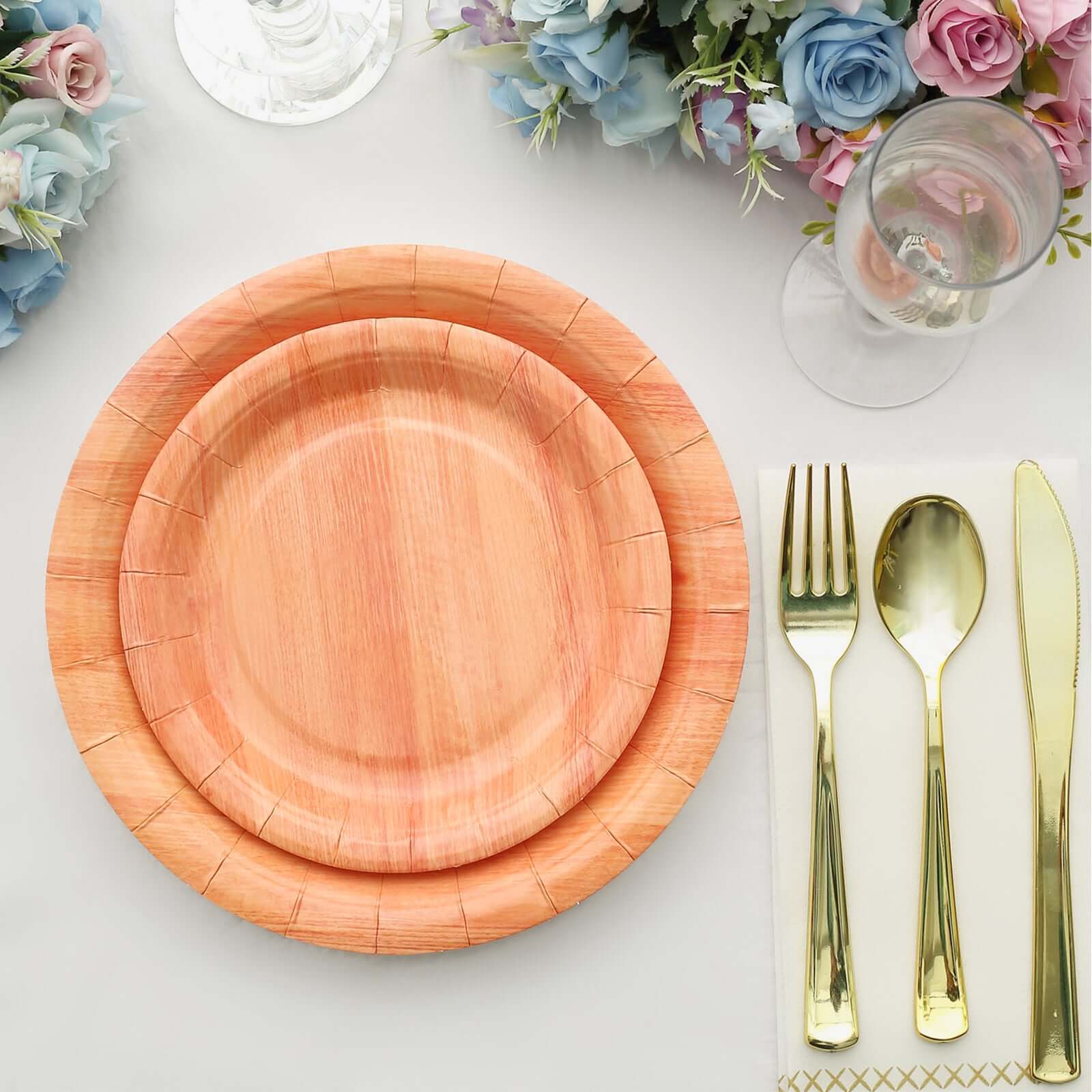25-Pack 7-Inch Disposable Round Paper Dessert Plates with Natural Wood Grain Print for Rustic Events