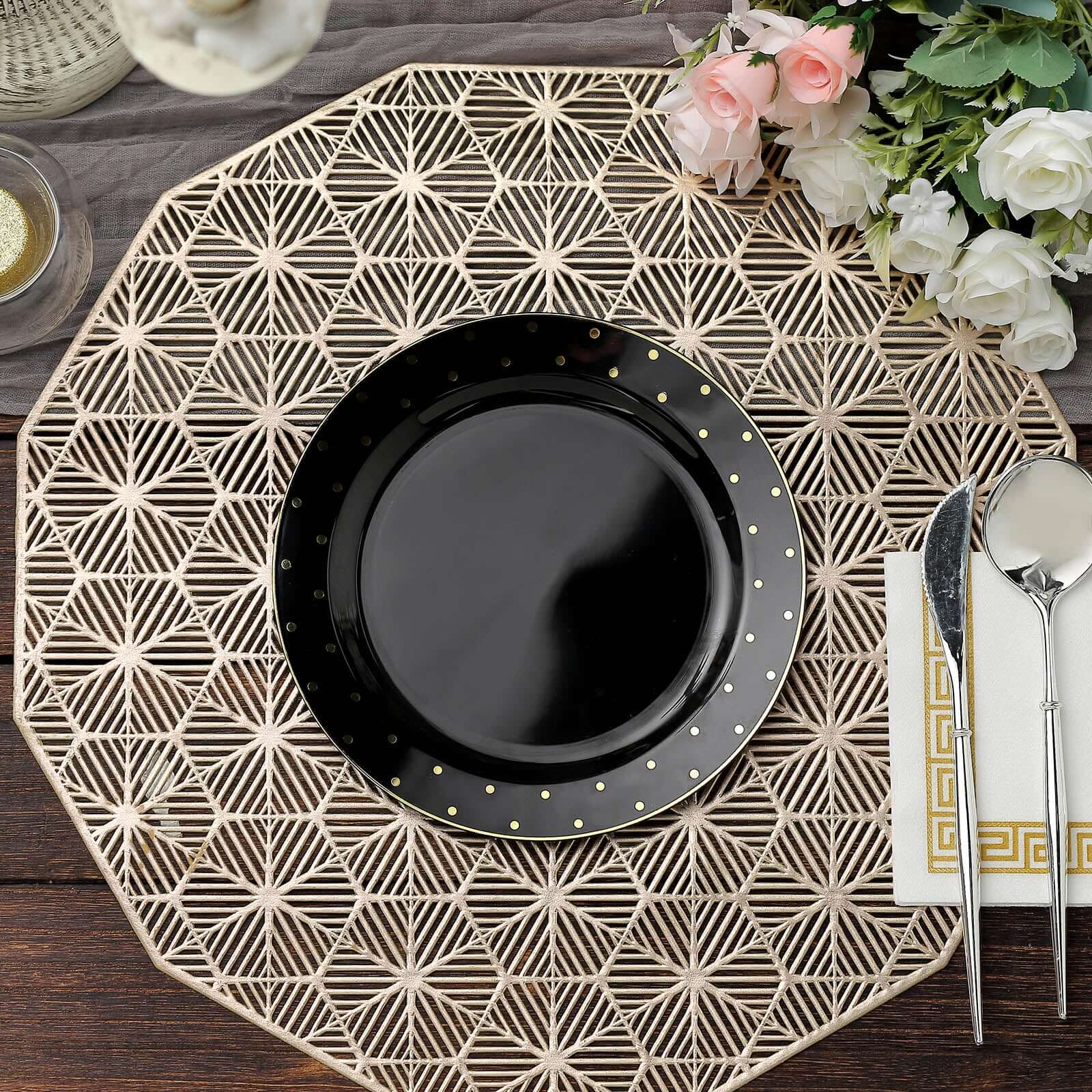 10-Piece Set of 7.5-Inch Black Plastic Dessert Plates with Gold Dot Rim, Disposable Salad Plates