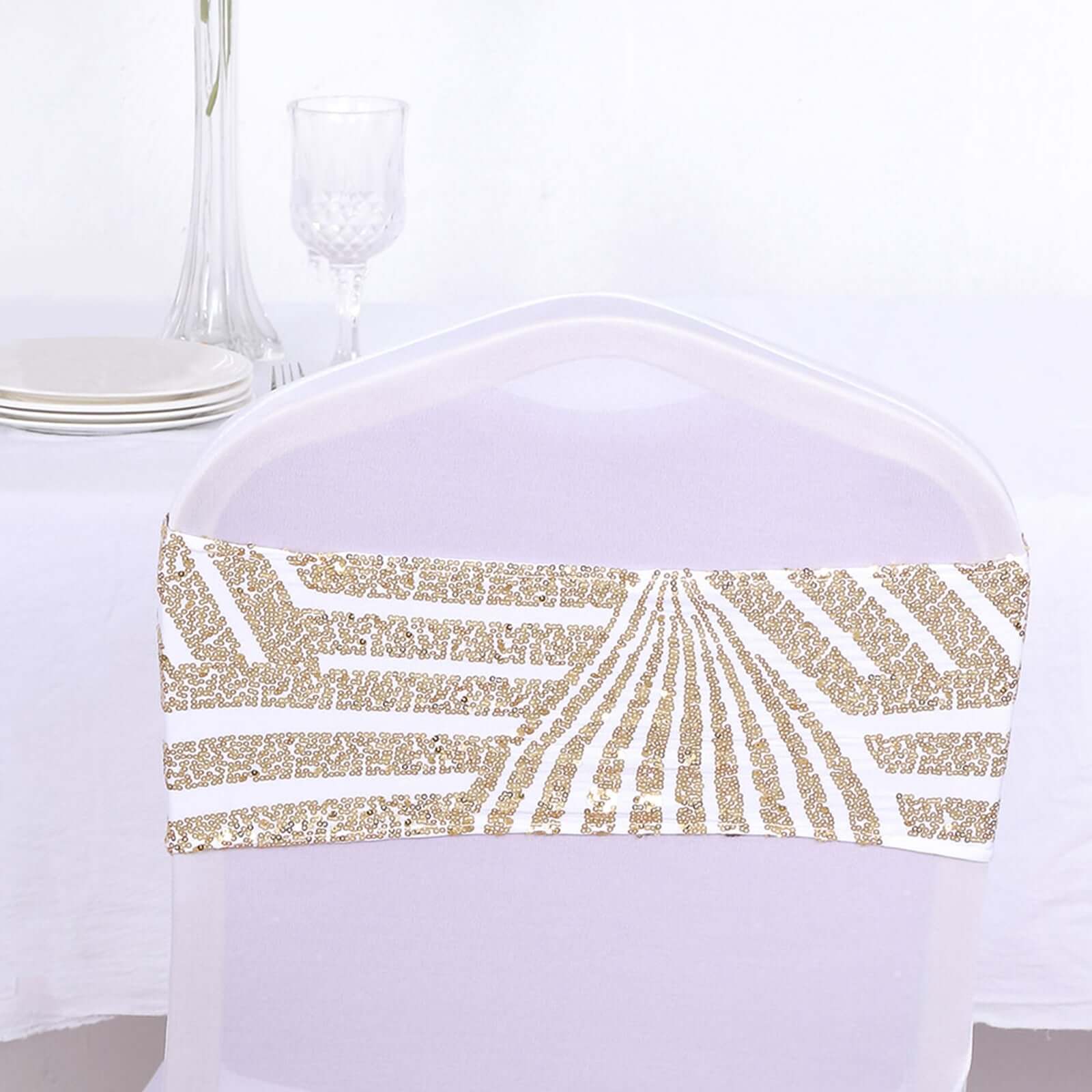 Hot Sale! 5-Pack White Sequin Spandex Chair Sashes with Gold Geometric Diamond Pattern for High-End Events