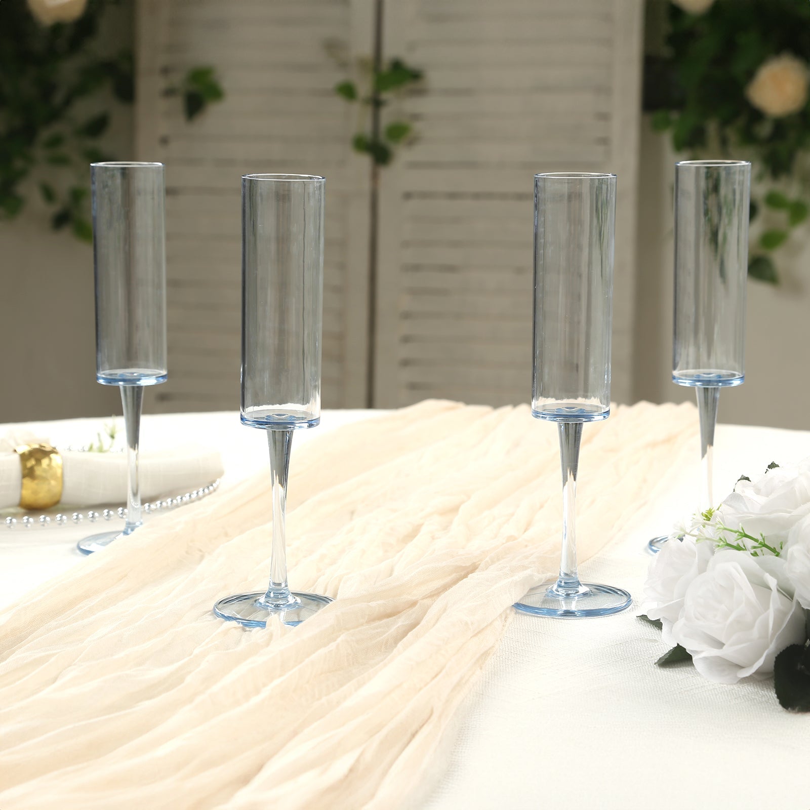 6-Pack Reusable Transparent Dusty Blue Plastic Champagne Flute Glasses, 9.5" Tall, 6oz