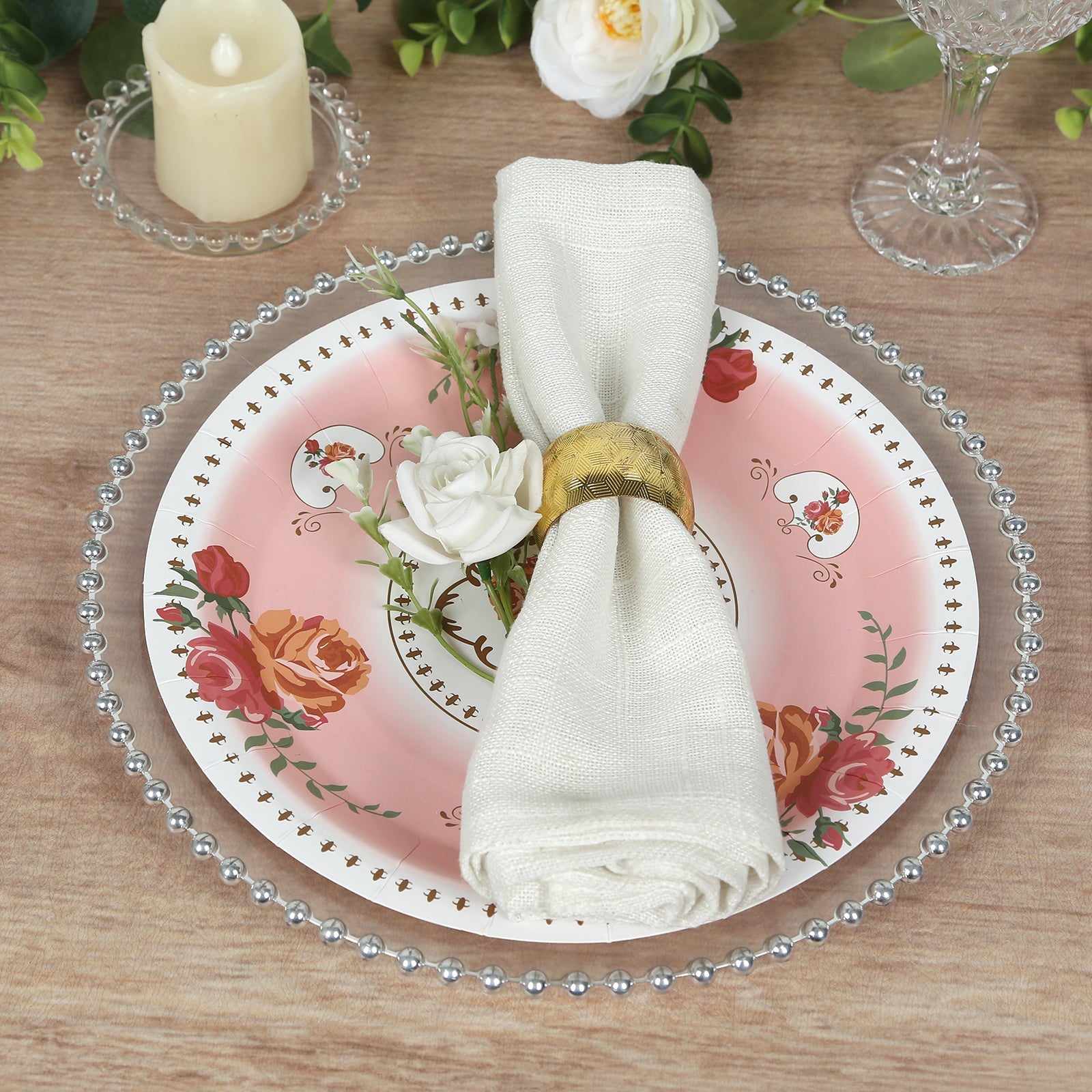 25-Pack 9-Inch Dusty Rose Vintage Rose Print Disposable Paper Dinner Plates - High Quality!