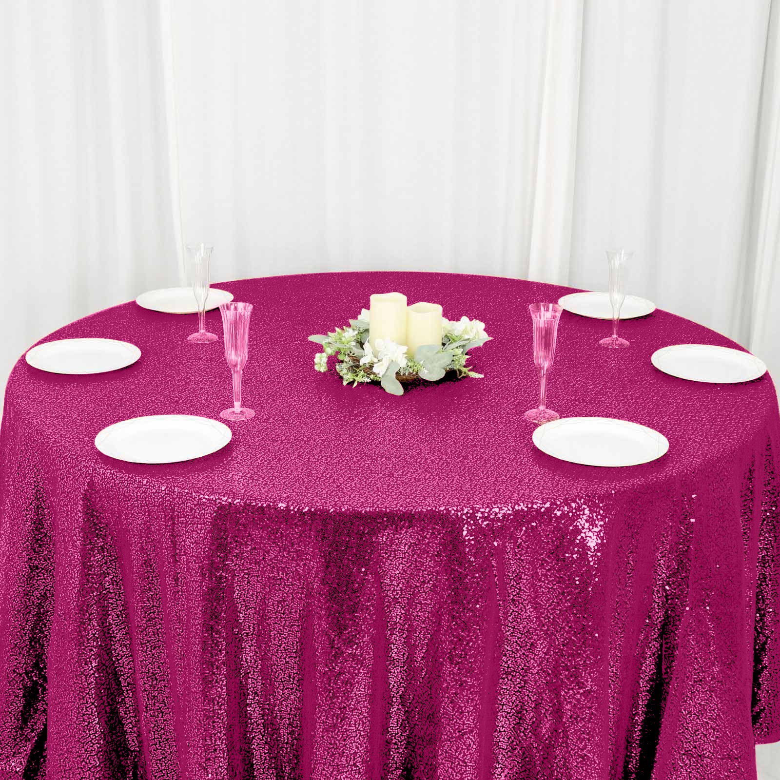 Hot Deal! Fuchsia Seamless Glittering 120' Round Sequin Tablecloth