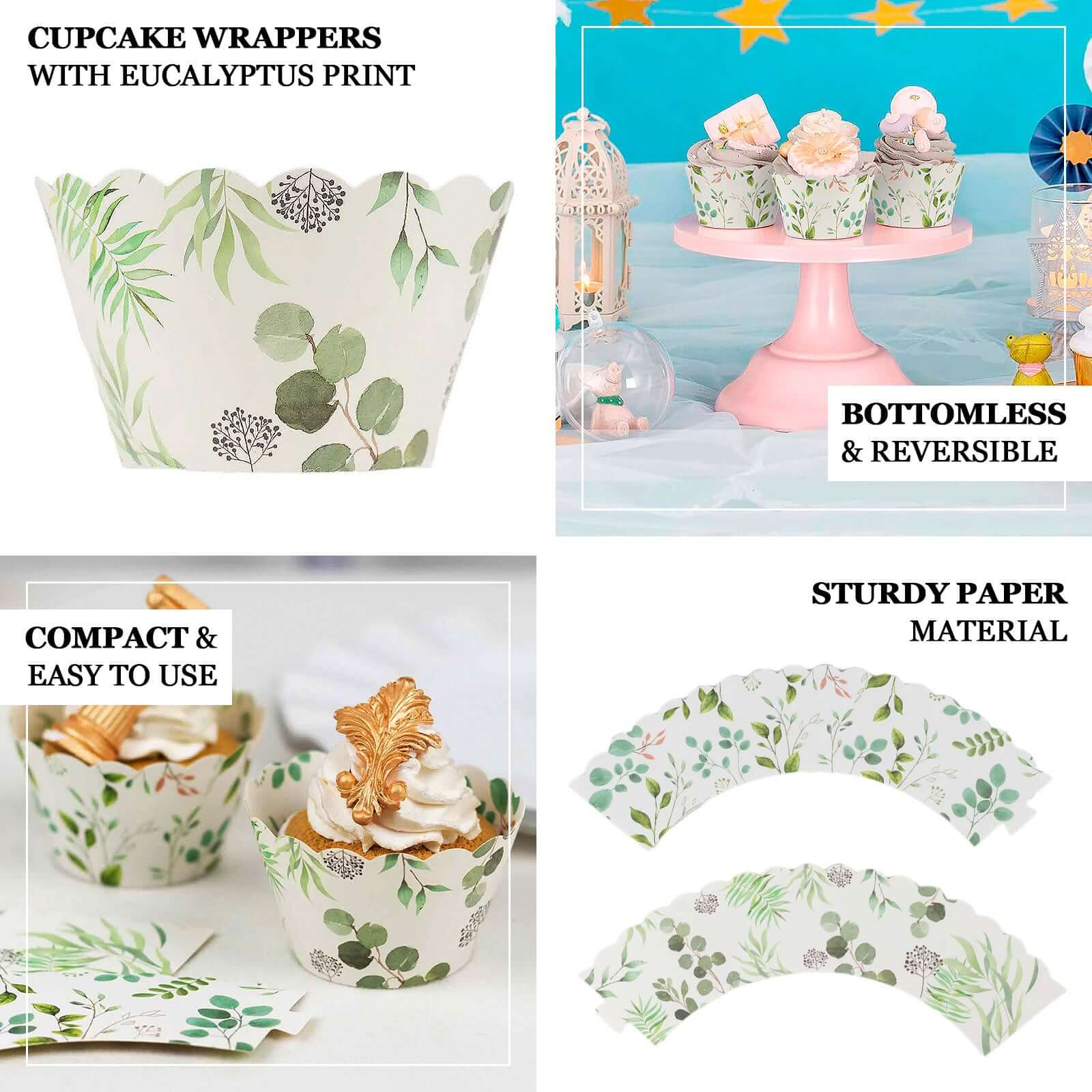 25-Piece Premium Paper Cupcake Wrappers with Eucalyptus Leaves Print in White and Green