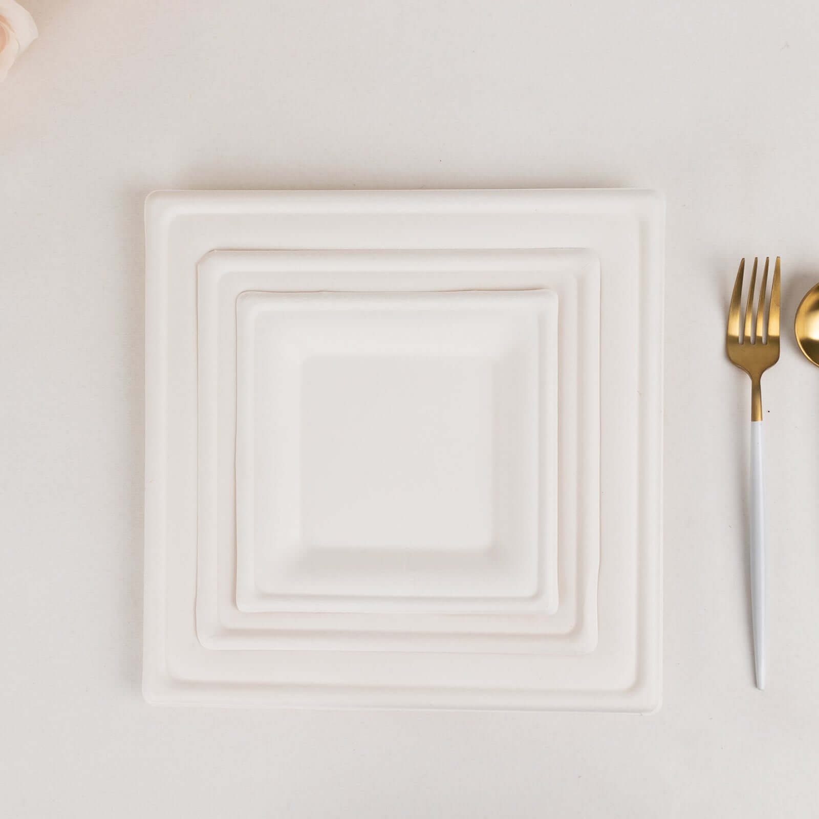 50-Piece Set of White Wide-Rimmed Square 10-Inch Bagasse Dinner Plates - Eco-Friendly for Events