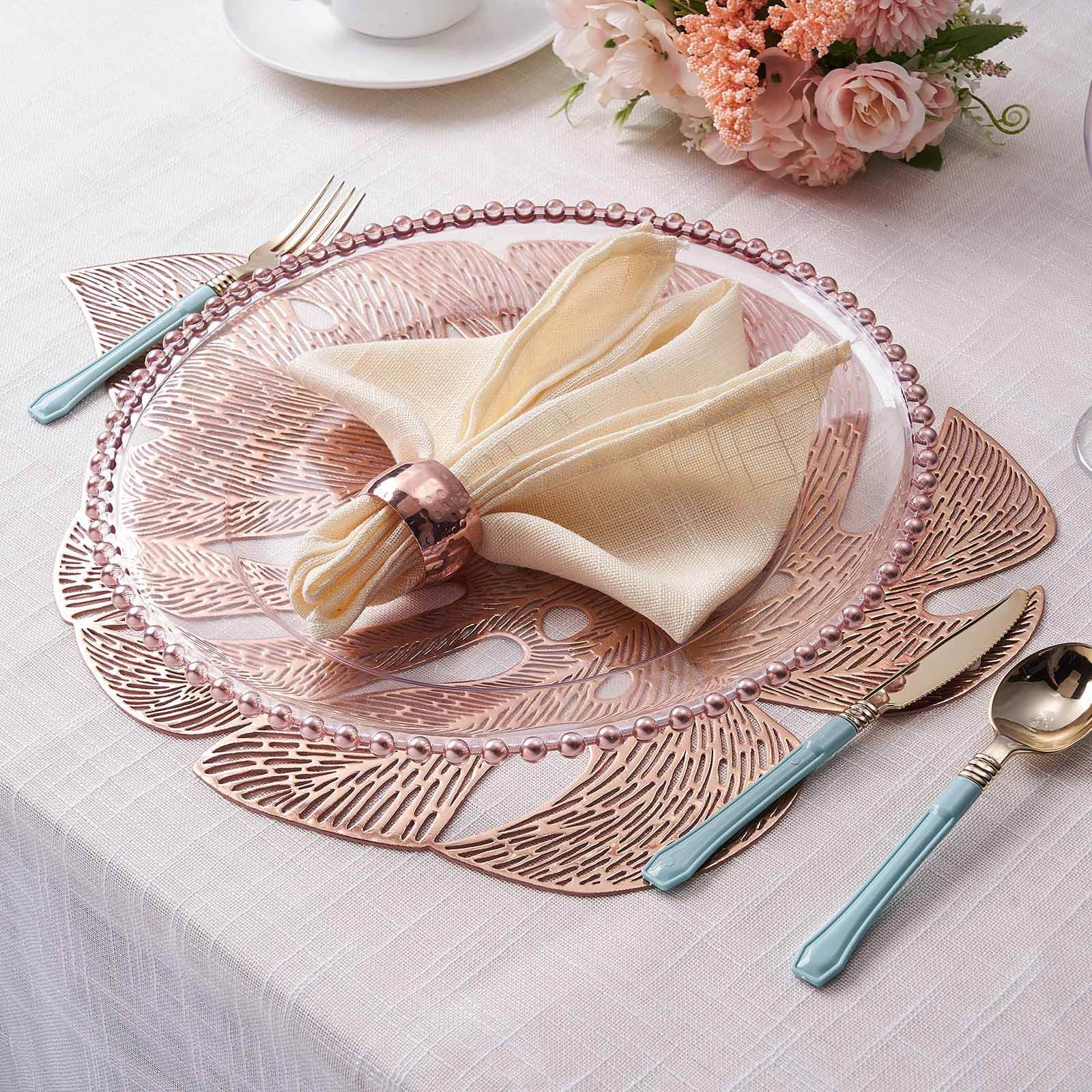 6-Piece Rose Gold Monstera Leaf Design Vinyl Dining Table Mats - Non-Slip for Tropical Decor