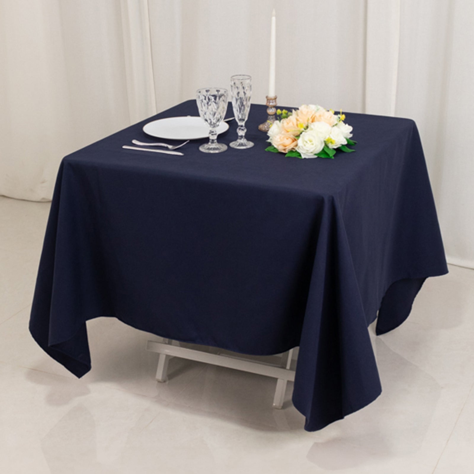 Wrinkle-Resistant Navy Blue 70x70 Cotton Blend Square Tablecloth