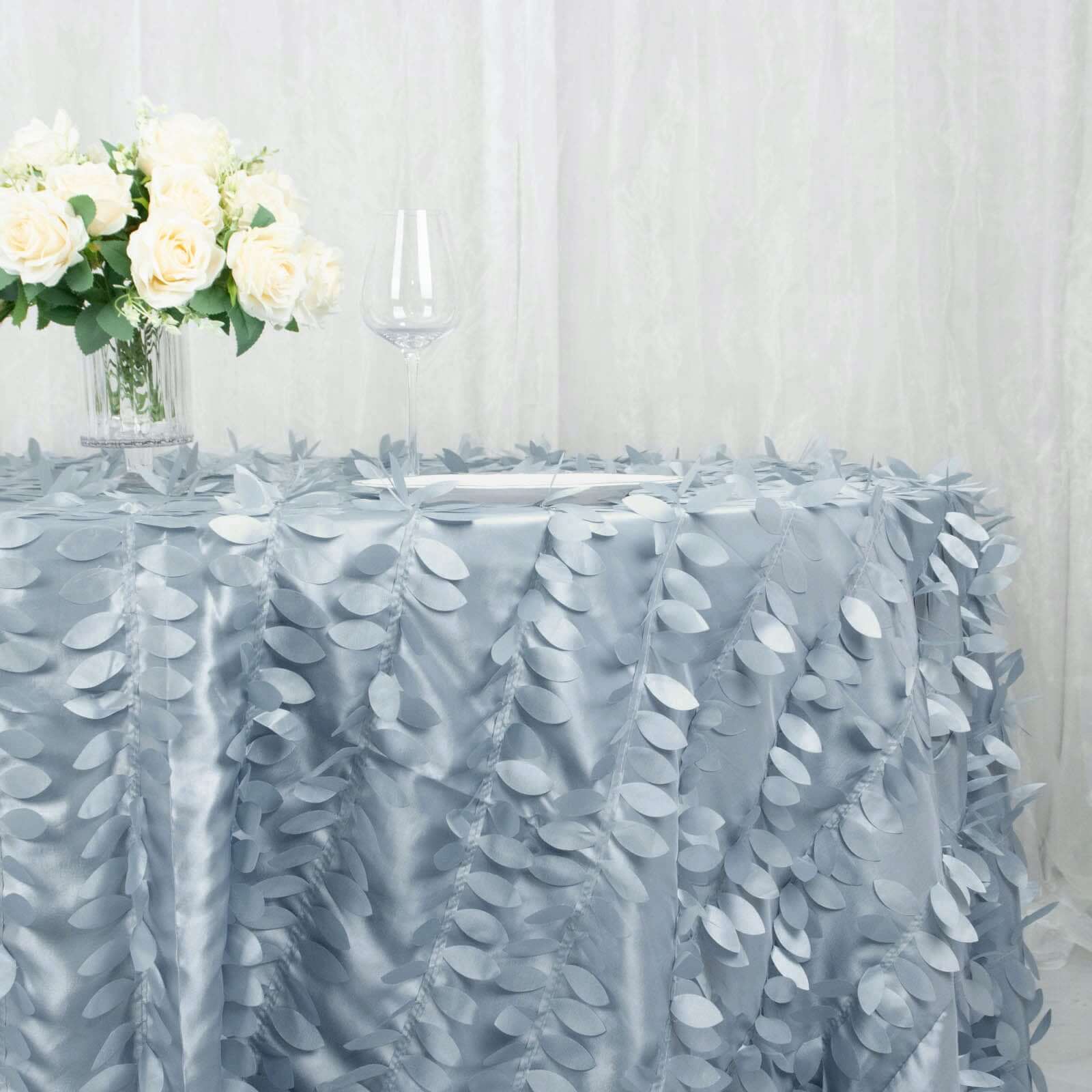 Exclusive Dusty Blue Taffeta 132' Round Tablecloth with 3D Leaf Petal Design