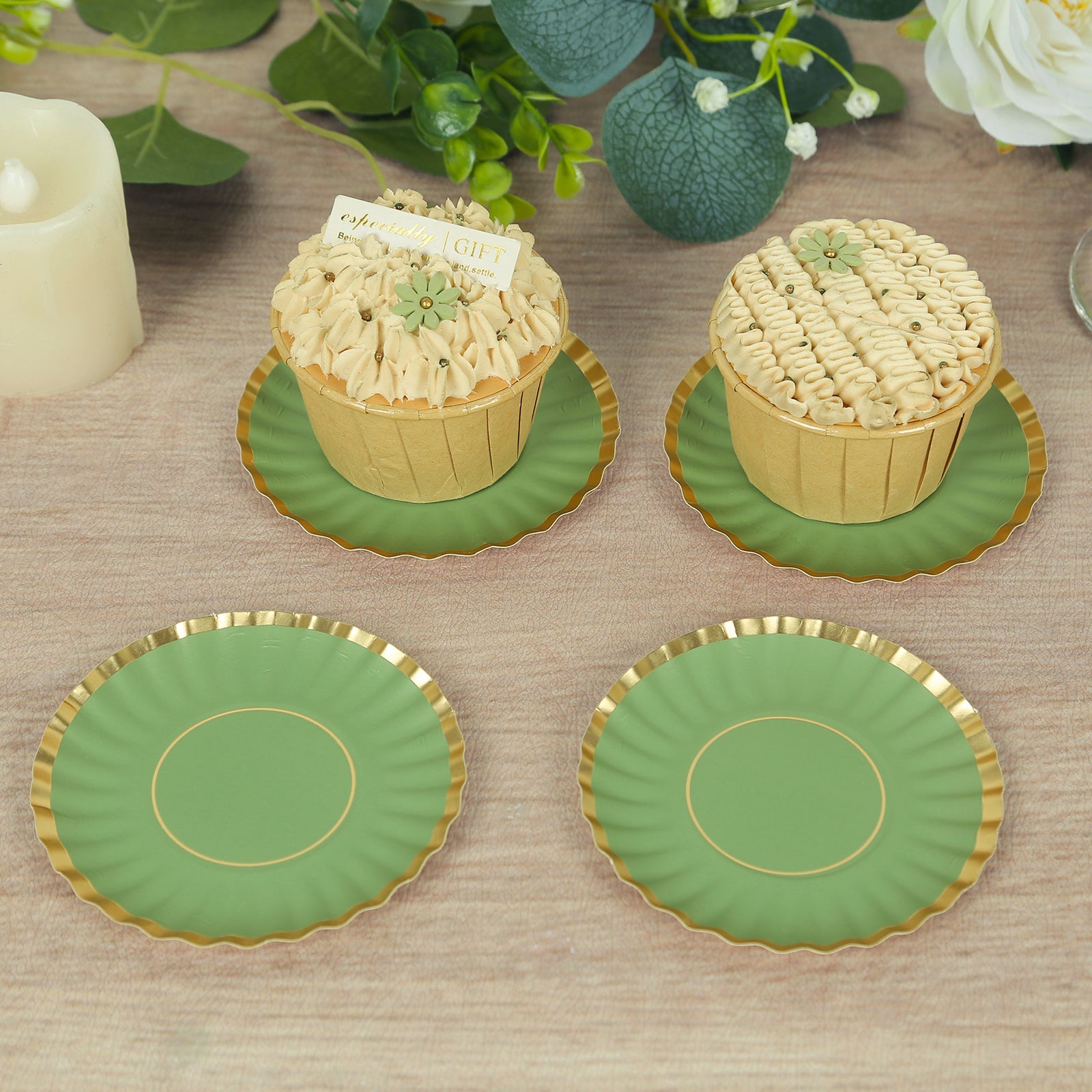 50-Piece Disposable 250GSM Mini Round Dessert Plates in Dusty Sage Green with Gold Scalloped Edge