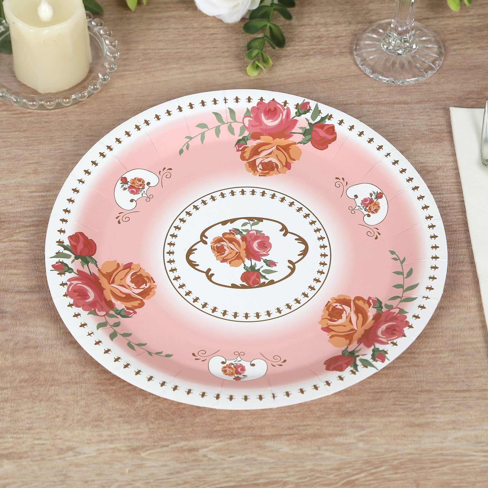 25-Pack 9-Inch Dusty Rose Vintage Rose Print Disposable Paper Dinner Plates - High Quality!