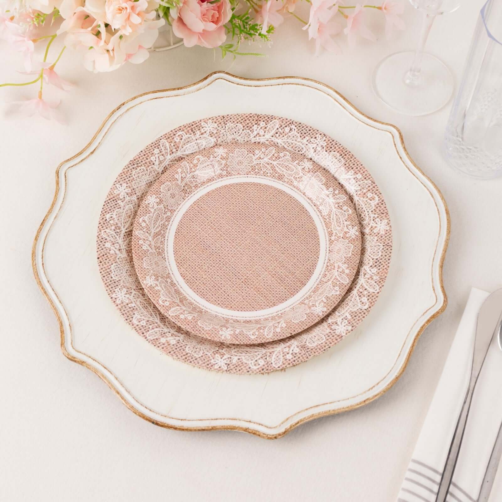 Hot Deal! 25-Pack of 9-Inch Round Disposable Paper Dinner Plates with Rustic Burlap & Floral Lace Design