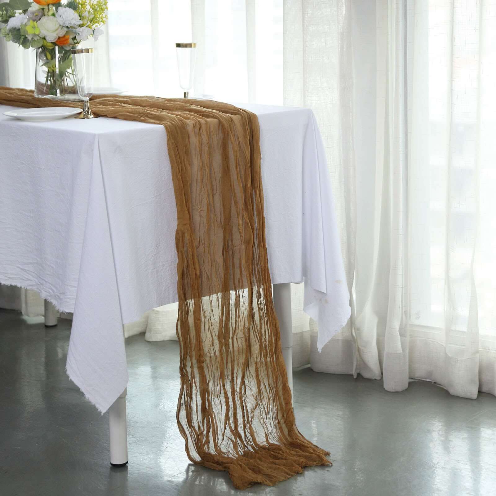 Exclusive 10ft Taupe Gauze Cheesecloth Table Runner - Rustic Boho Charm