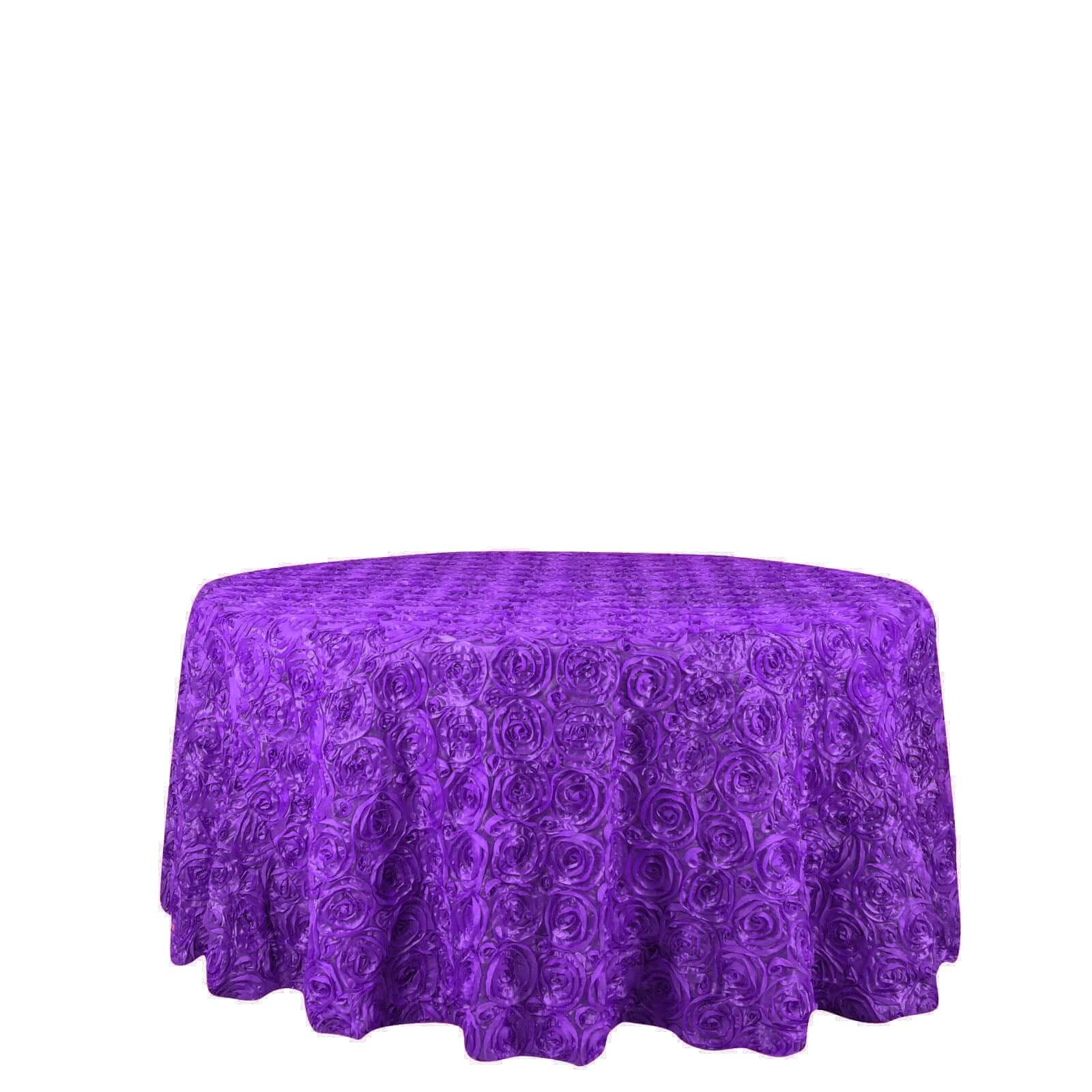 Hot Sale! Purple Satin 120-Inch Round Tablecloth with 3D Rosette and Seamless Finish
