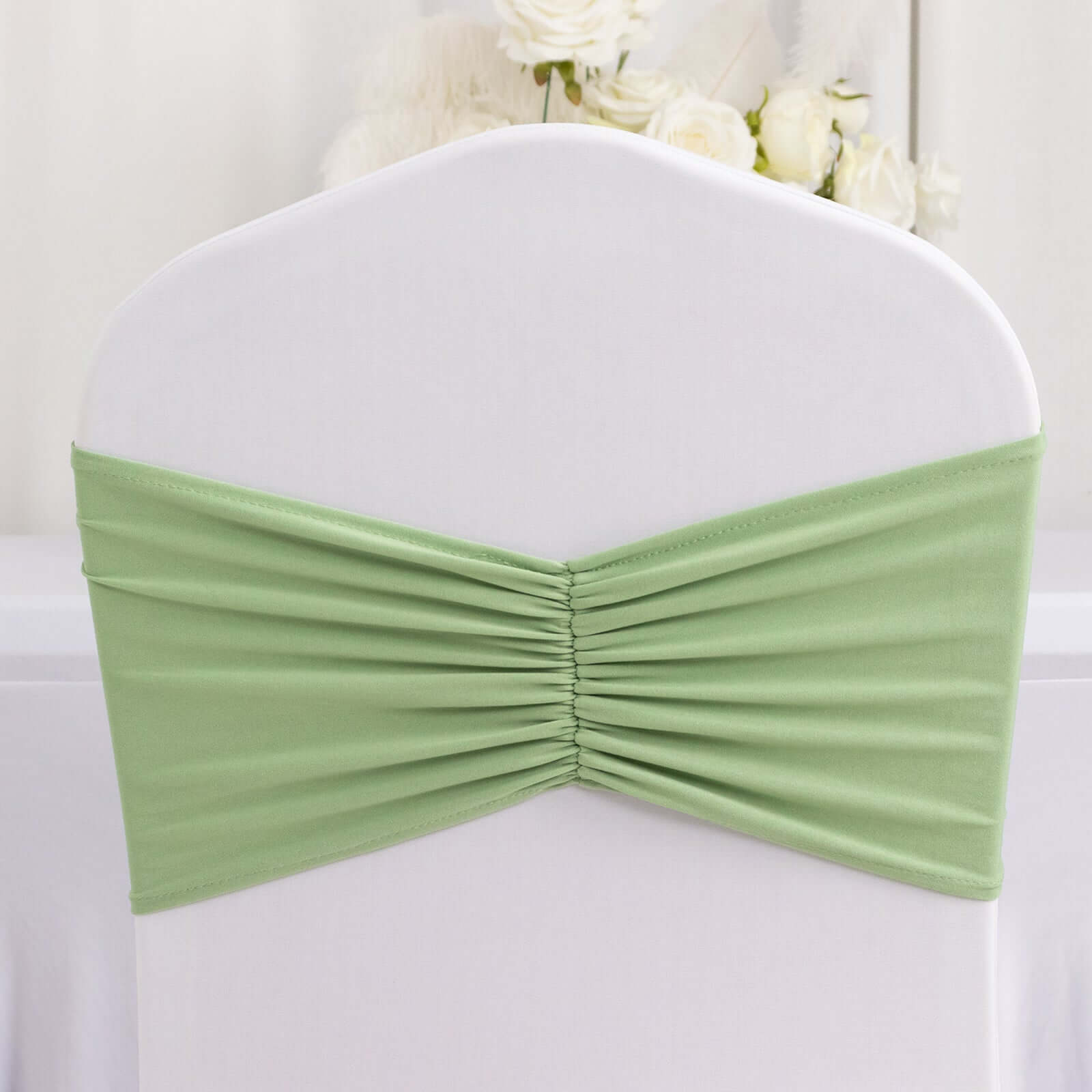 Hot Deal! 5-Pack Sage Green Ruffled Spandex Chair Sashes - Wide & Stretchable