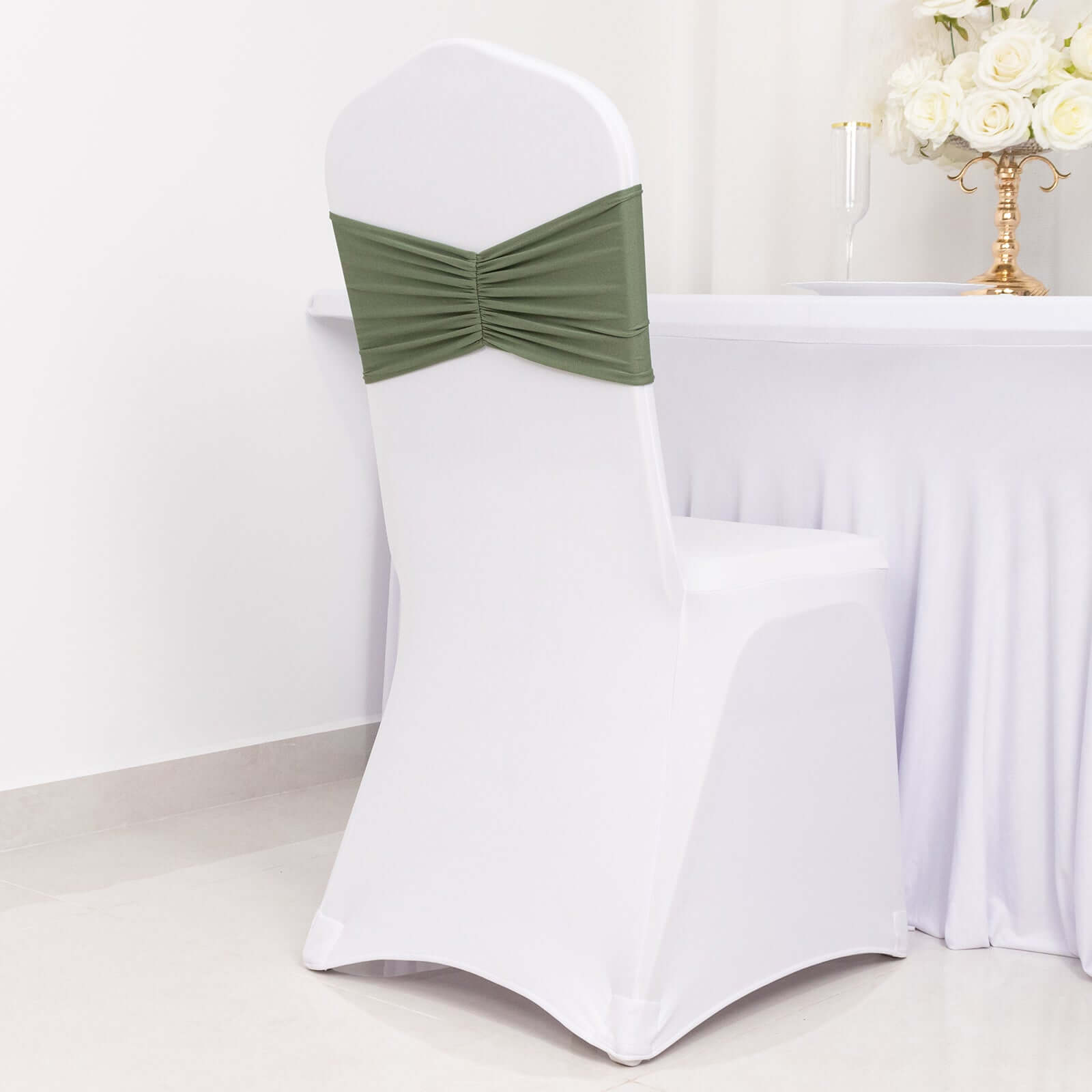 5-Piece Set of Dusty Sage Green Ruffled Spandex Chair Sashes - Wide Stretch Bands, Easy to Use