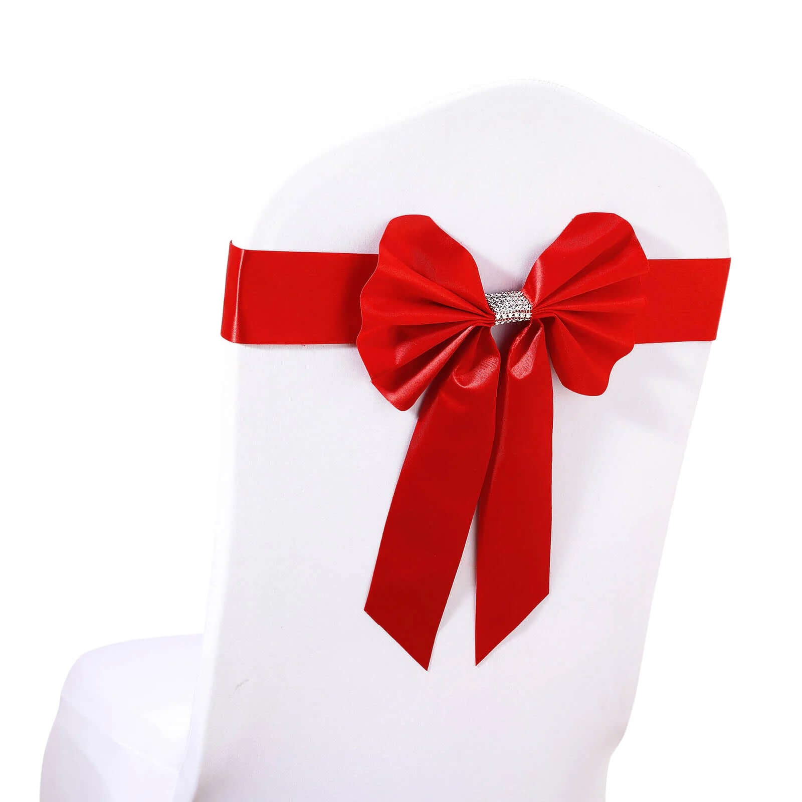 Hot Sale! 5-Pack Red Satin Faux Leather Chair Sashes with Diamond Rhinestone Buckles