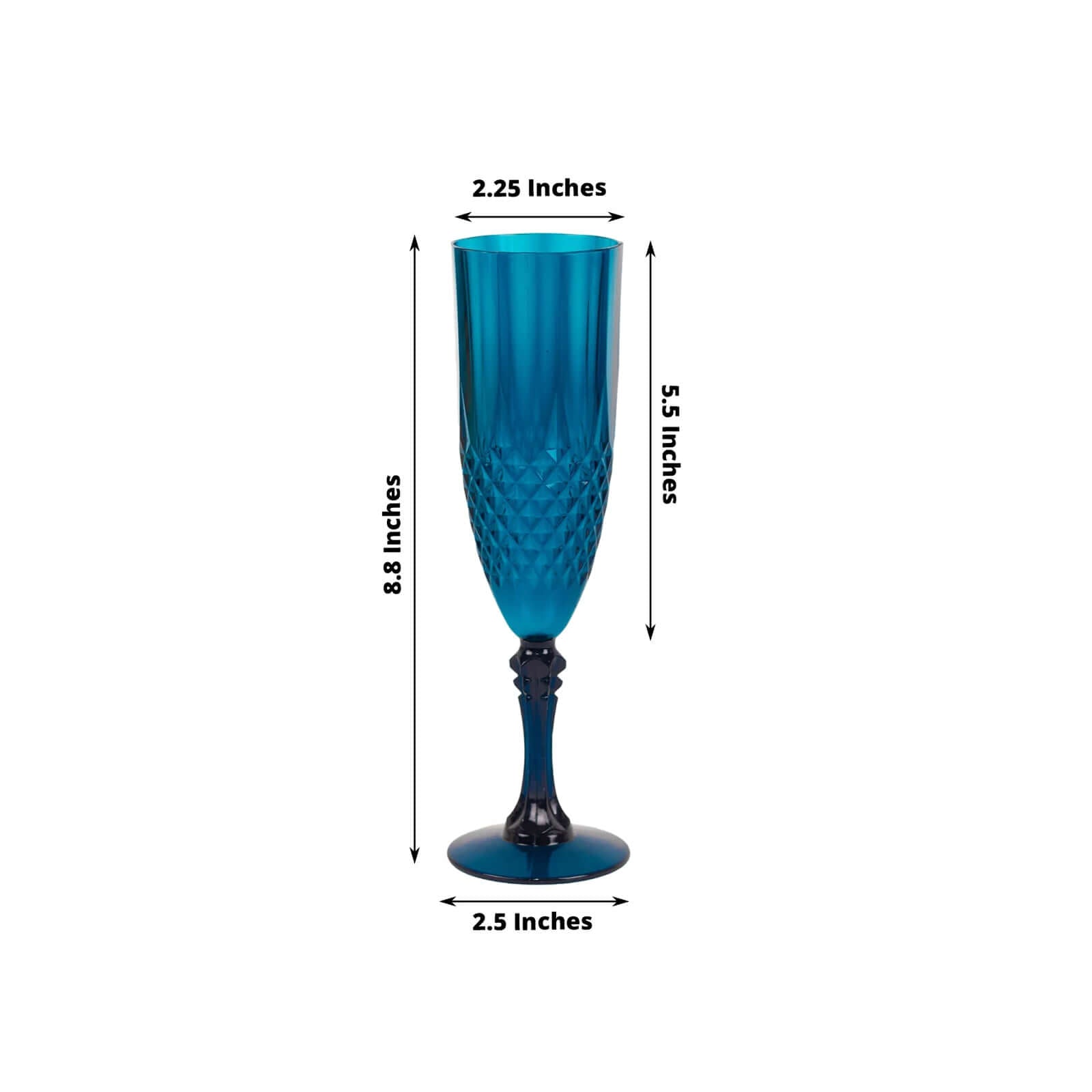 6-Piece Set of Reusable Navy Blue 8oz Plastic Champagne Toast Flutes with Crystal Cut Design