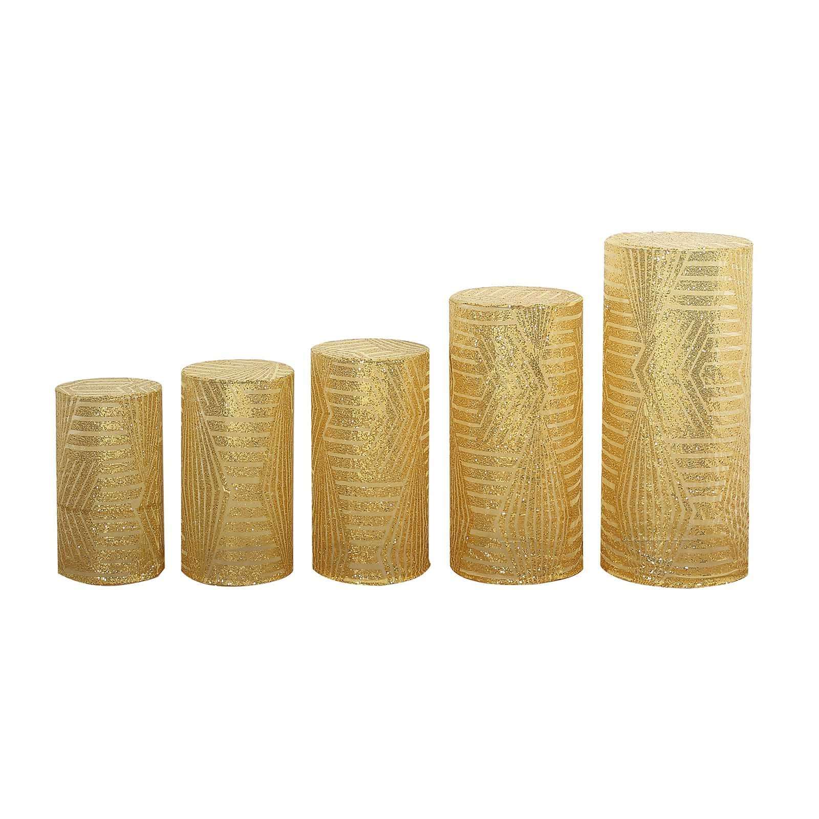 Sparkling Gold Sequin Mesh Geometric Pattern Cylinder Pedestal Stand Covers - Set of 5