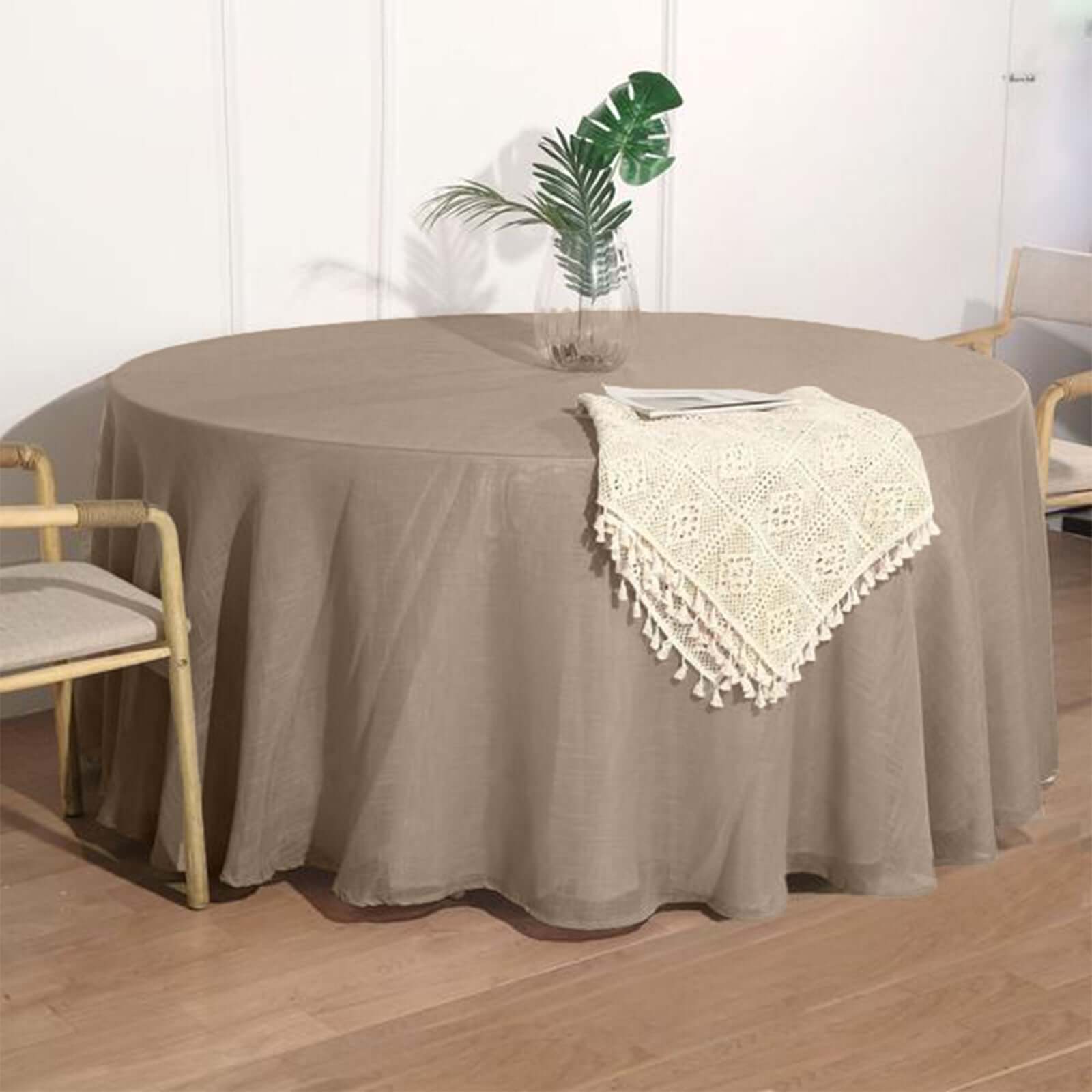 Hot! Taupe Faux Linen 120 Round Wrinkle-Resistant Tablecloth