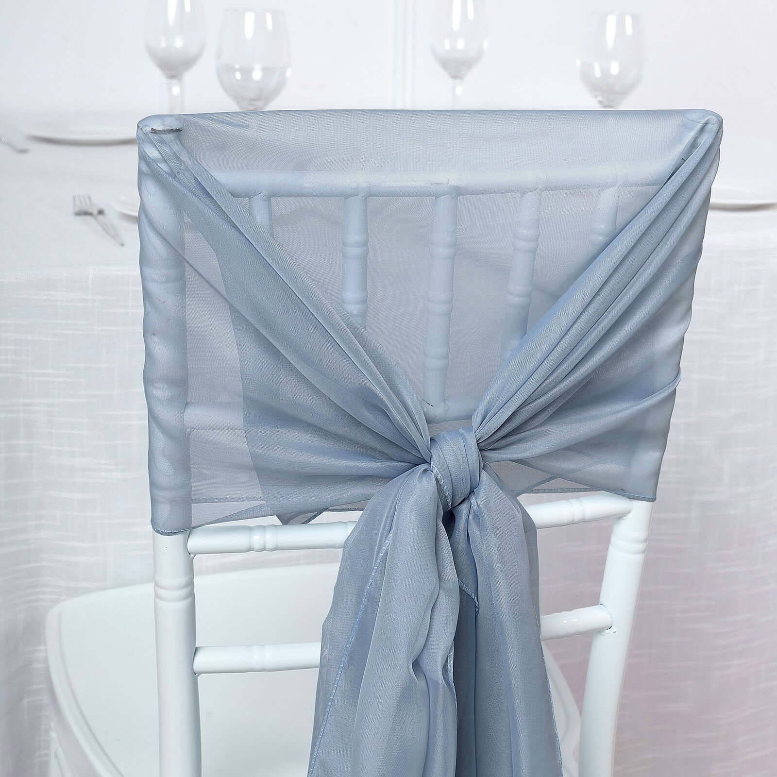 5-Piece Set of Premium Dusty Blue Chiffon Chair Sashes - Soft & Light Designer Bows (22x78)