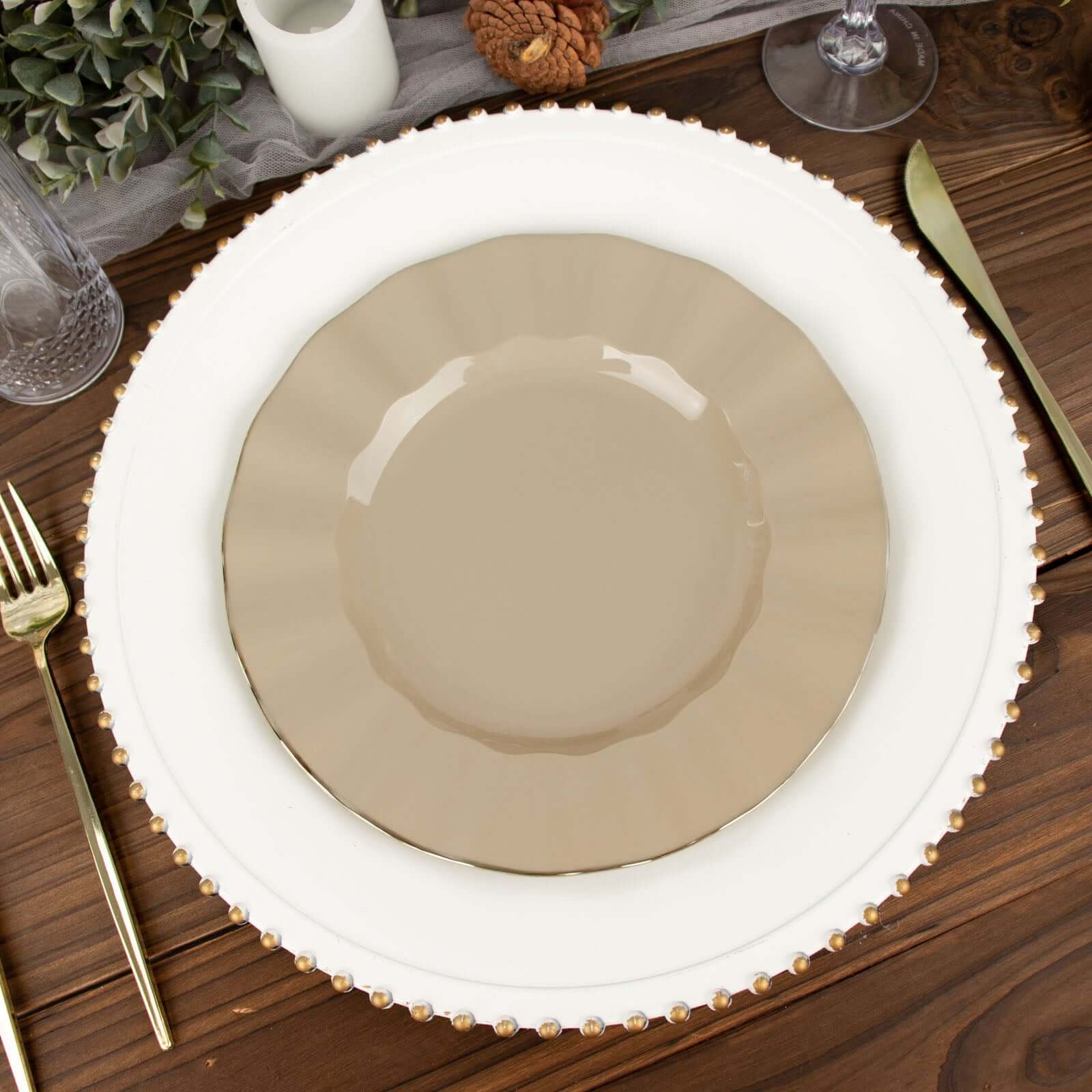 Hot Deal! 10-Pack 9" Taupe Plastic Round Dinner Plates with Gold Ruffled Edges - Sturdy Disposable