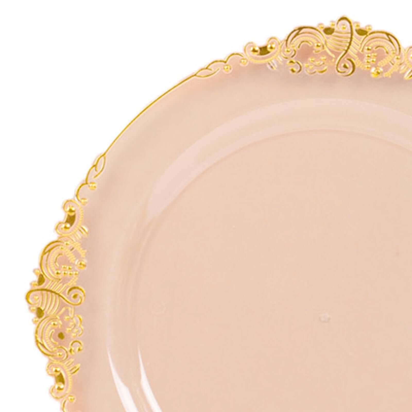 10-Pack Disposable 8" Transparent Blush Plastic Dessert Plates with Gold Leaf Embossed Rim - Vintage Baroque Style