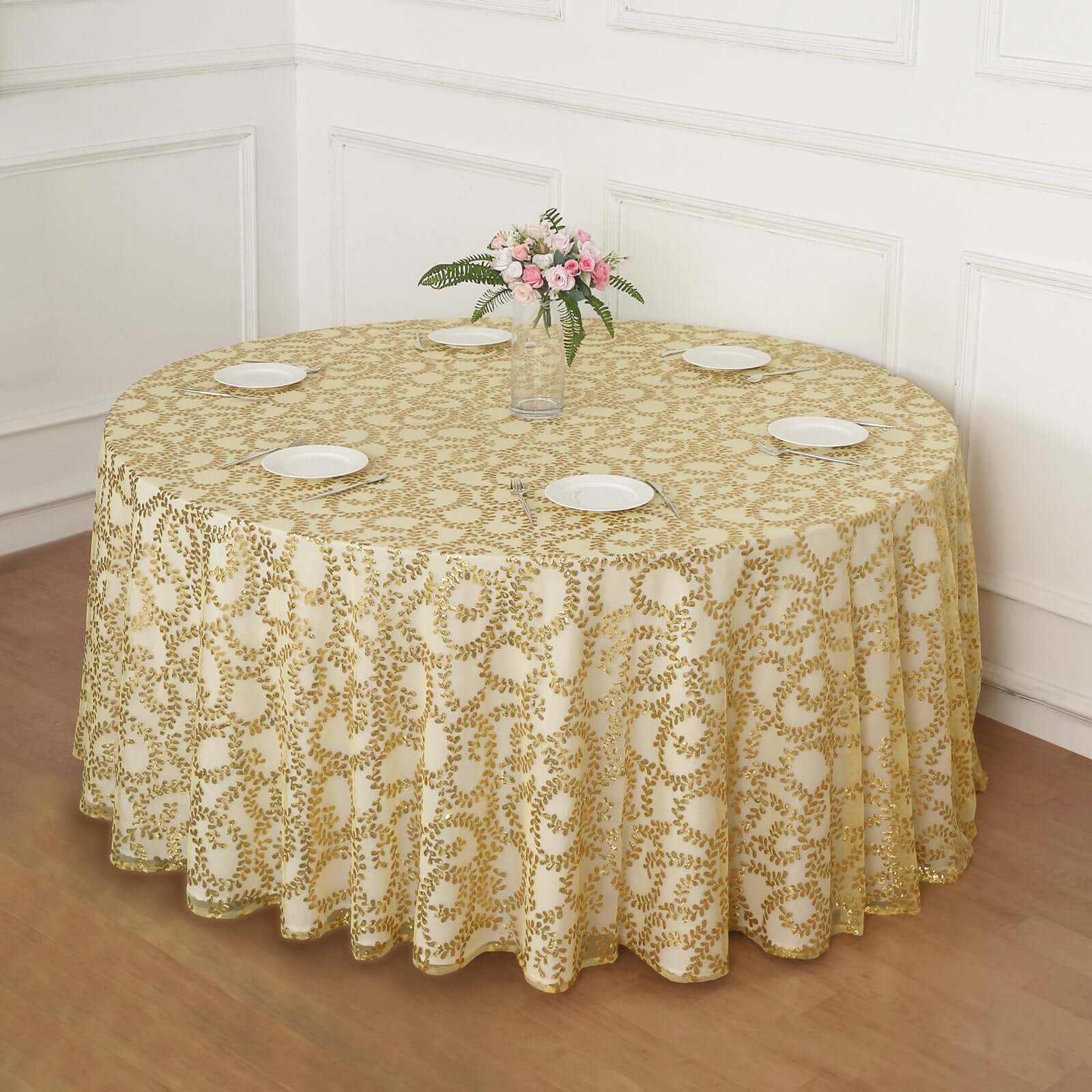 Gold Seamless Sequin Leaf Embroidered 120 Round Tulle Tablecloth for Elegant Events