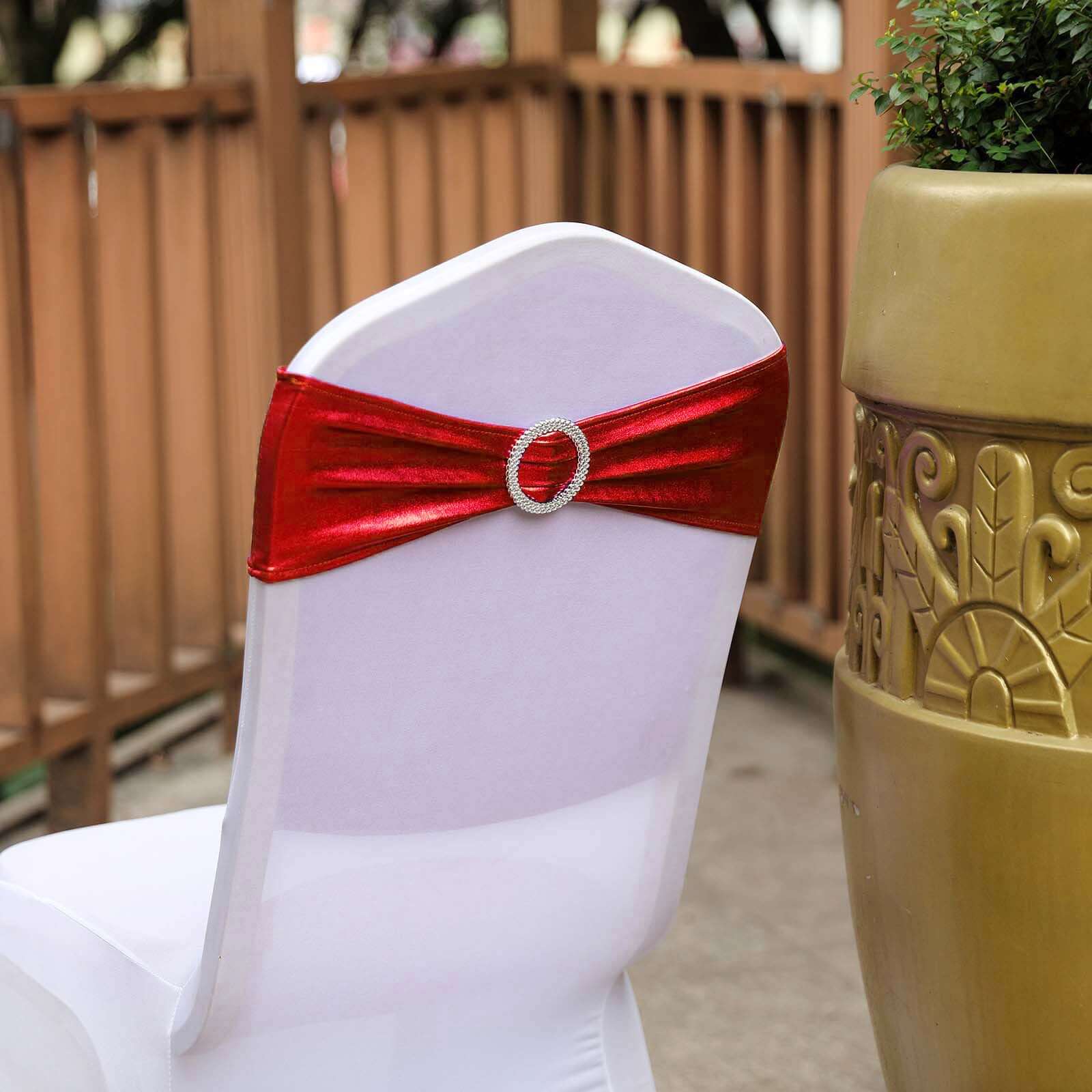5-Pack Metallic Red Spandex Chair Sashes with Round Diamond Buckles - Stretch Fit for Parties