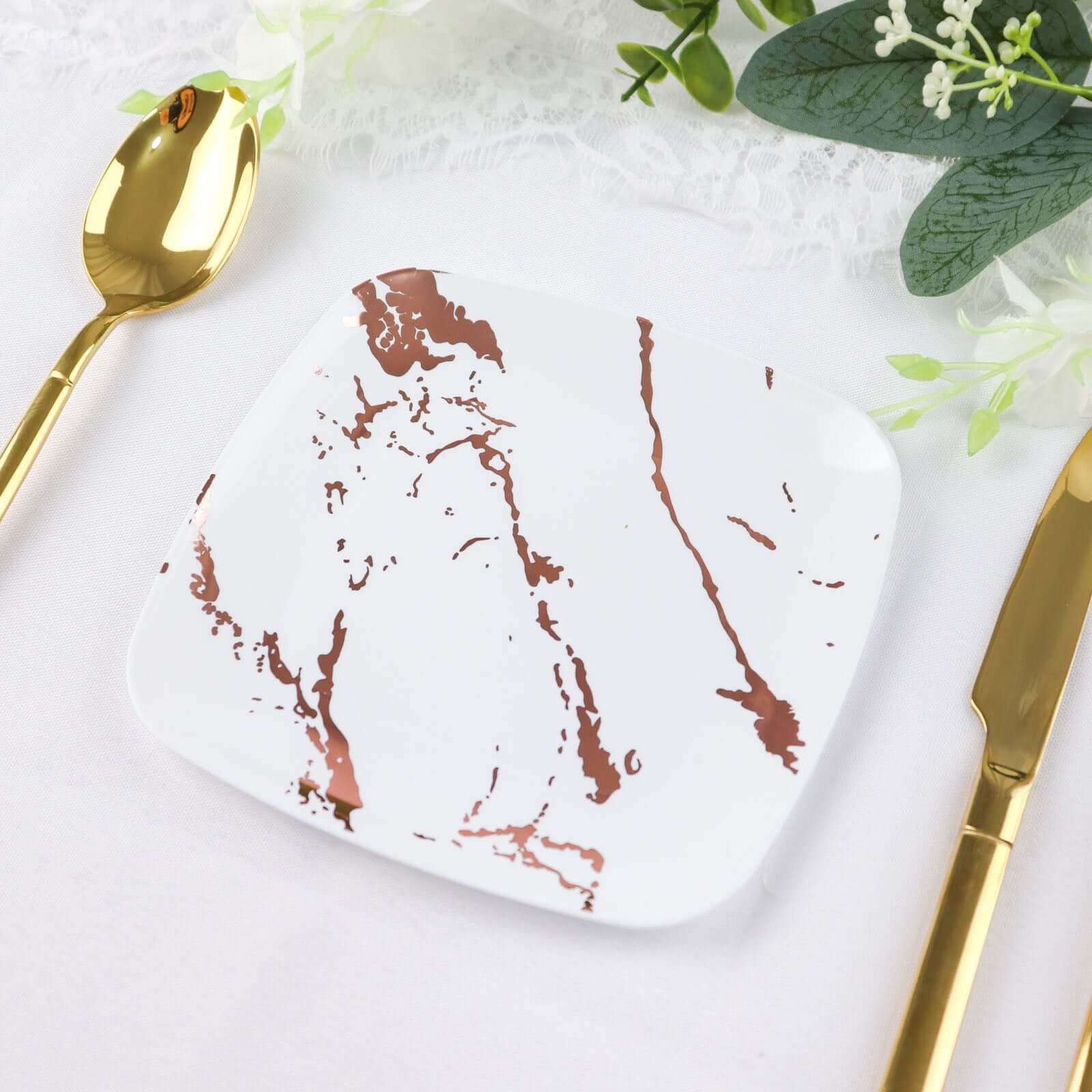 Great Deal! 10-Pack Disposable White Plastic Appetizer Plates with Rose Gold Marble Design for Special Events