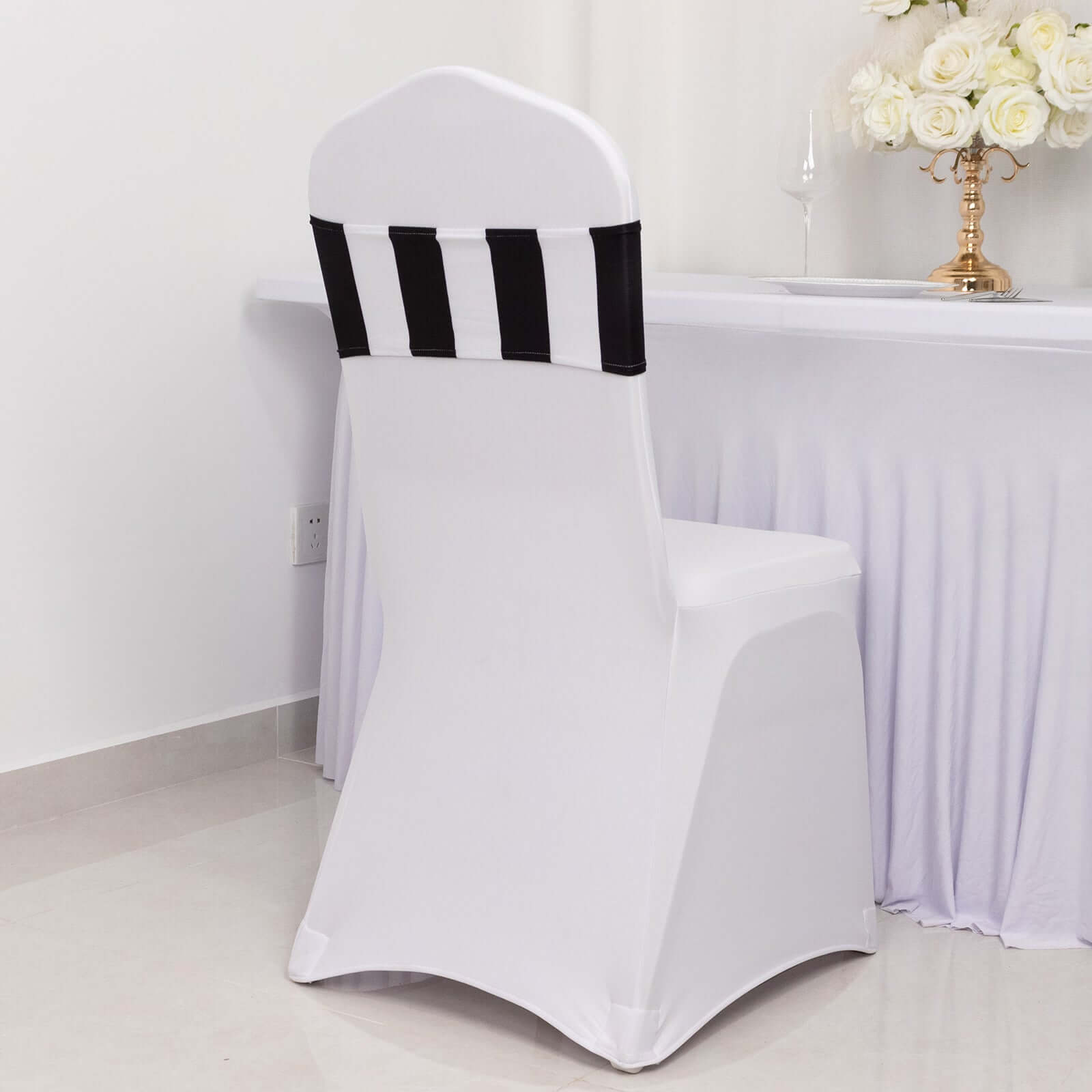 5-Pack Black/White Vertical Striped Spandex Chair Sashes - Wrinkle-Free & Easy to Use for Stunning Decor