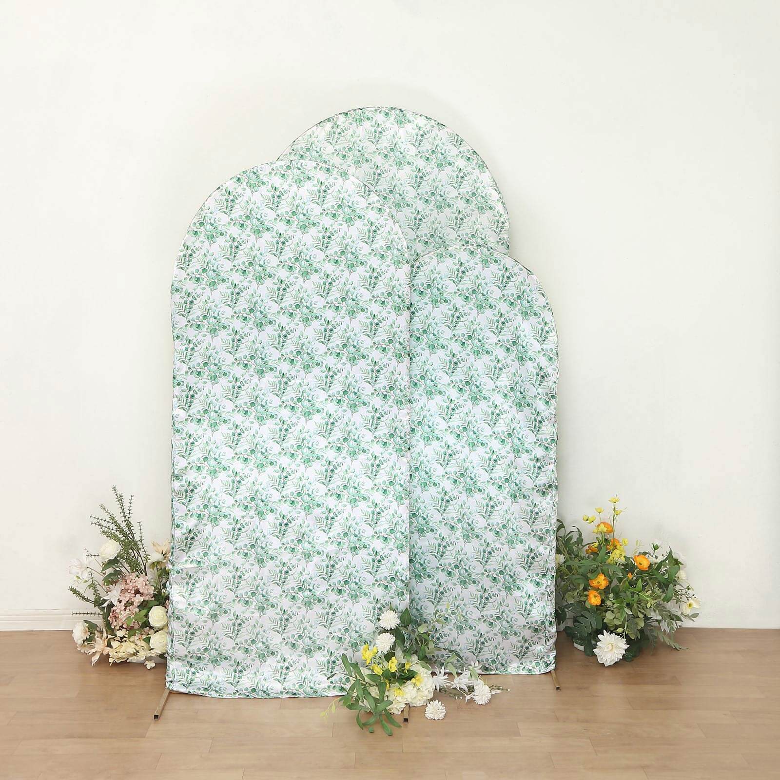 Hot! Set of 3 Satin Wedding Arch Covers with Eucalyptus Leaves Print - 5ft, 6ft, 7ft