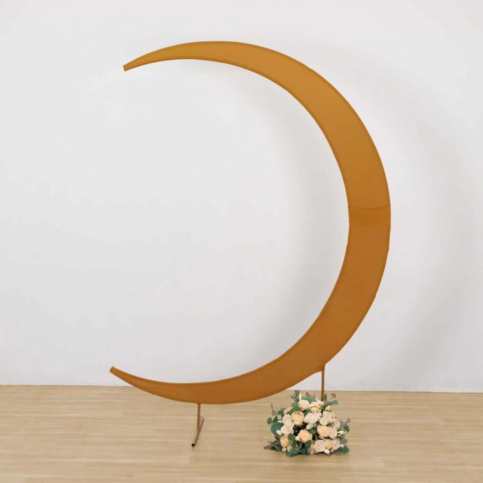 Custom-Fitted 7.5ft Gold Spandex Cover for Crescent Moon Wedding Arch Stand