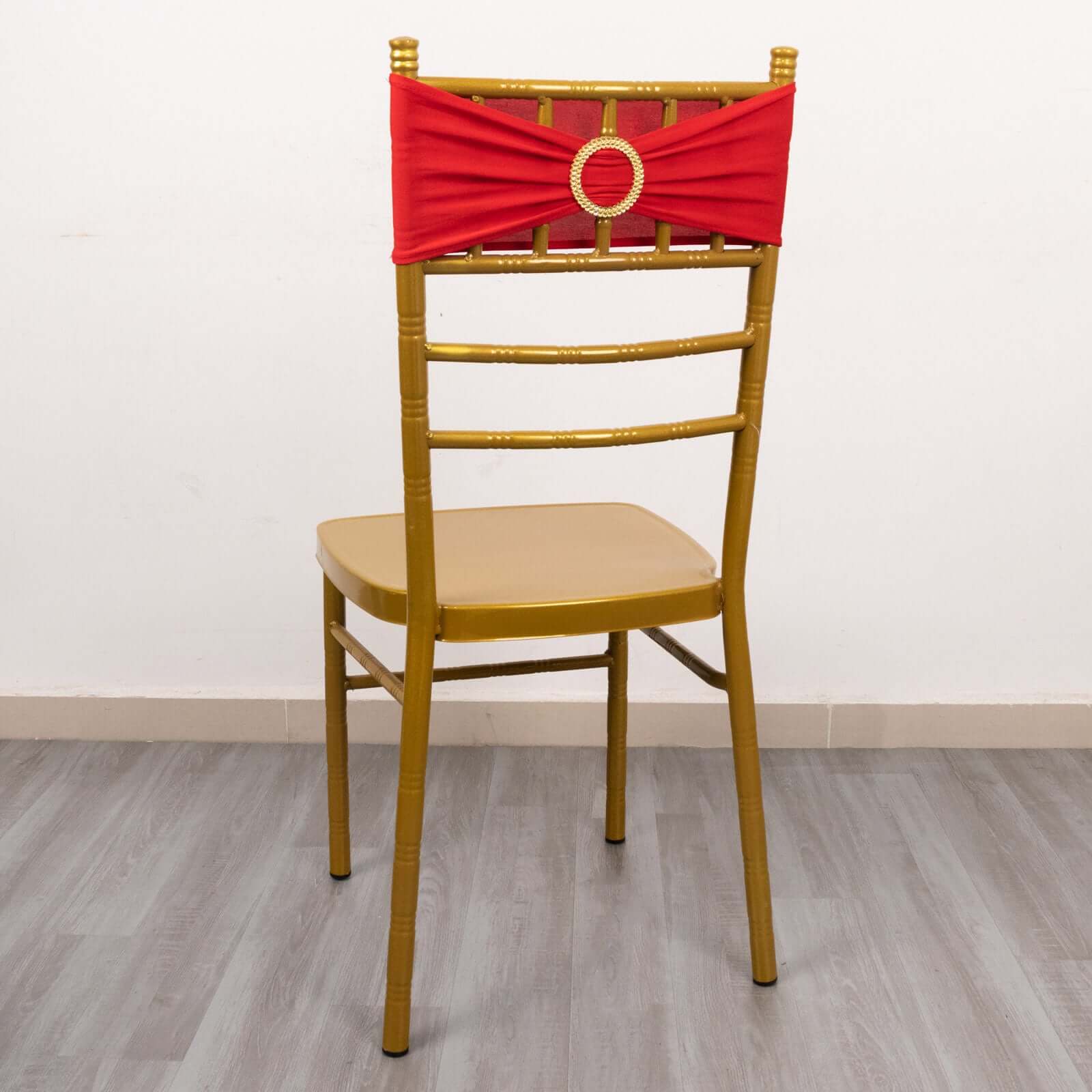 Set of 5 Reusable Red Spandex Chair Sashes with Gold Rhinestone Plastic Buckles, 5x14