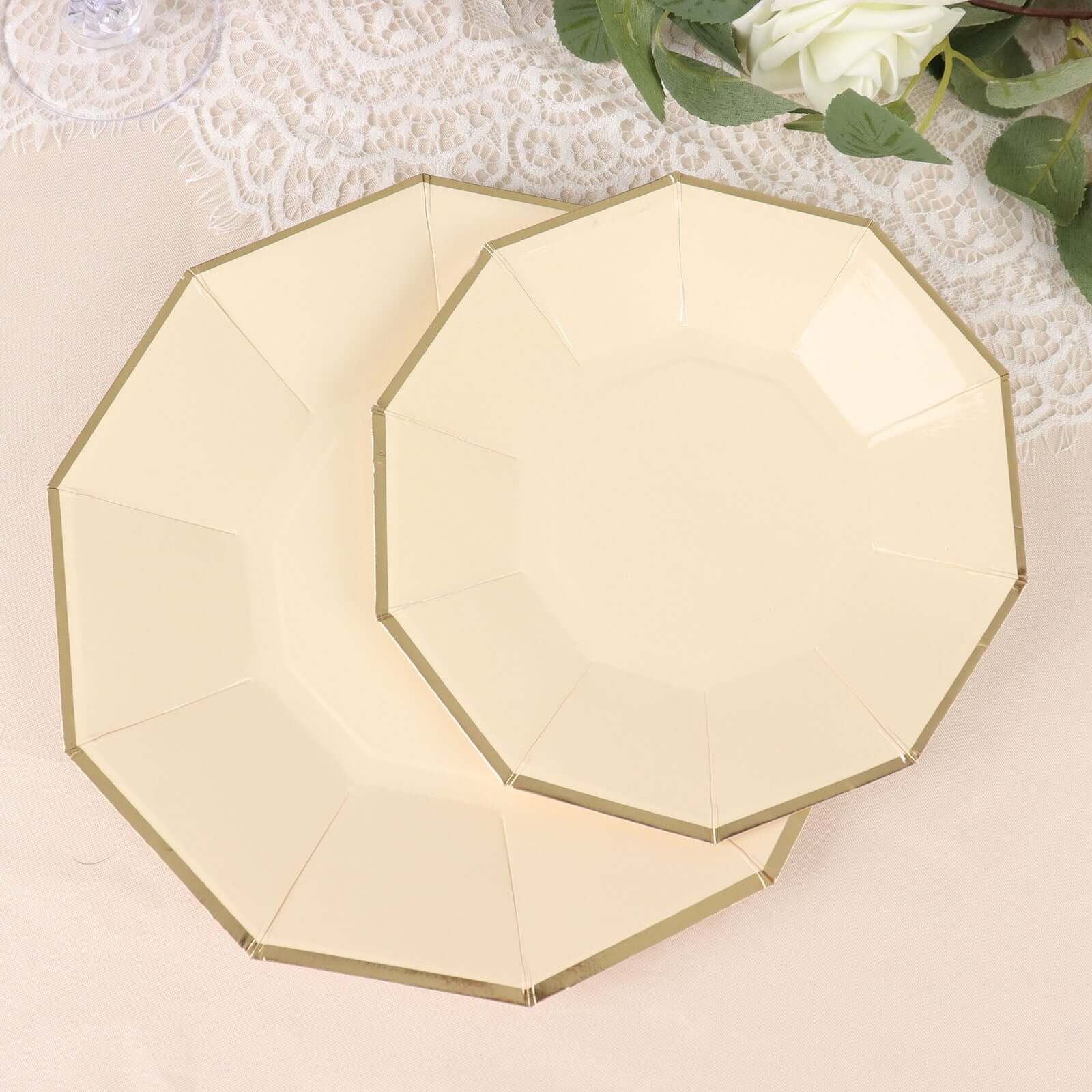 Get 25-Pack of 7-Inch Beige Paper Appetizer Plates with Stylish Gold Foil Rim