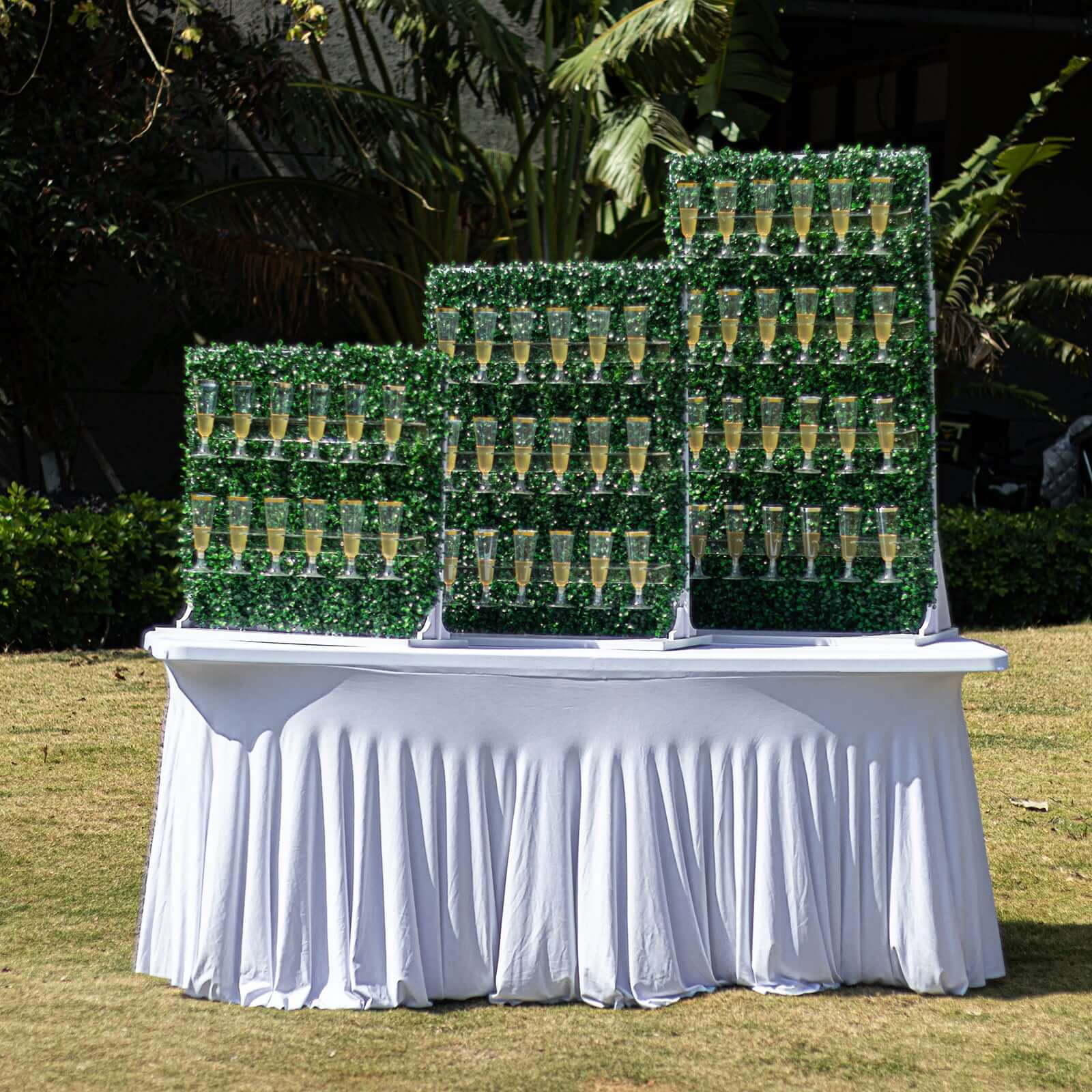 Exclusive Set of 3 Green Champagne Wall Glass Holders - Tiered Faux Boxwood Stemware Racks for Classy Events