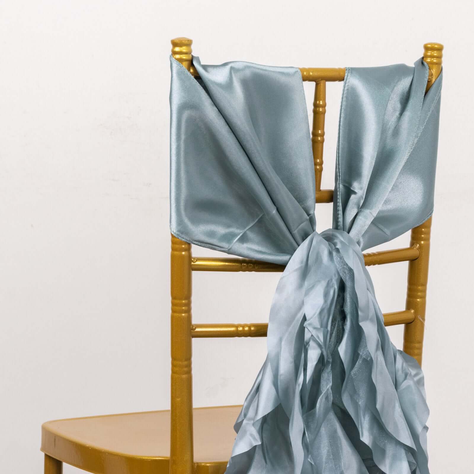 5-Pack Dusty Blue Chiffon Satin Chair Sashes - Easy Install, Curly Willow Style