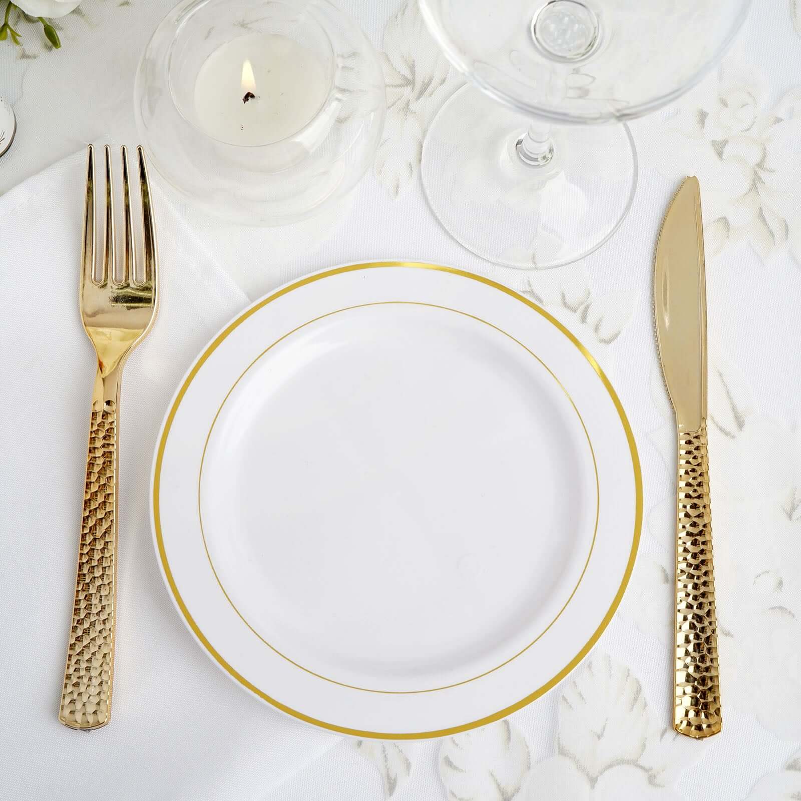 10-Piece Set of Disposable White Plastic Dessert Plates with Stylish Gold Rim, 6 Inches