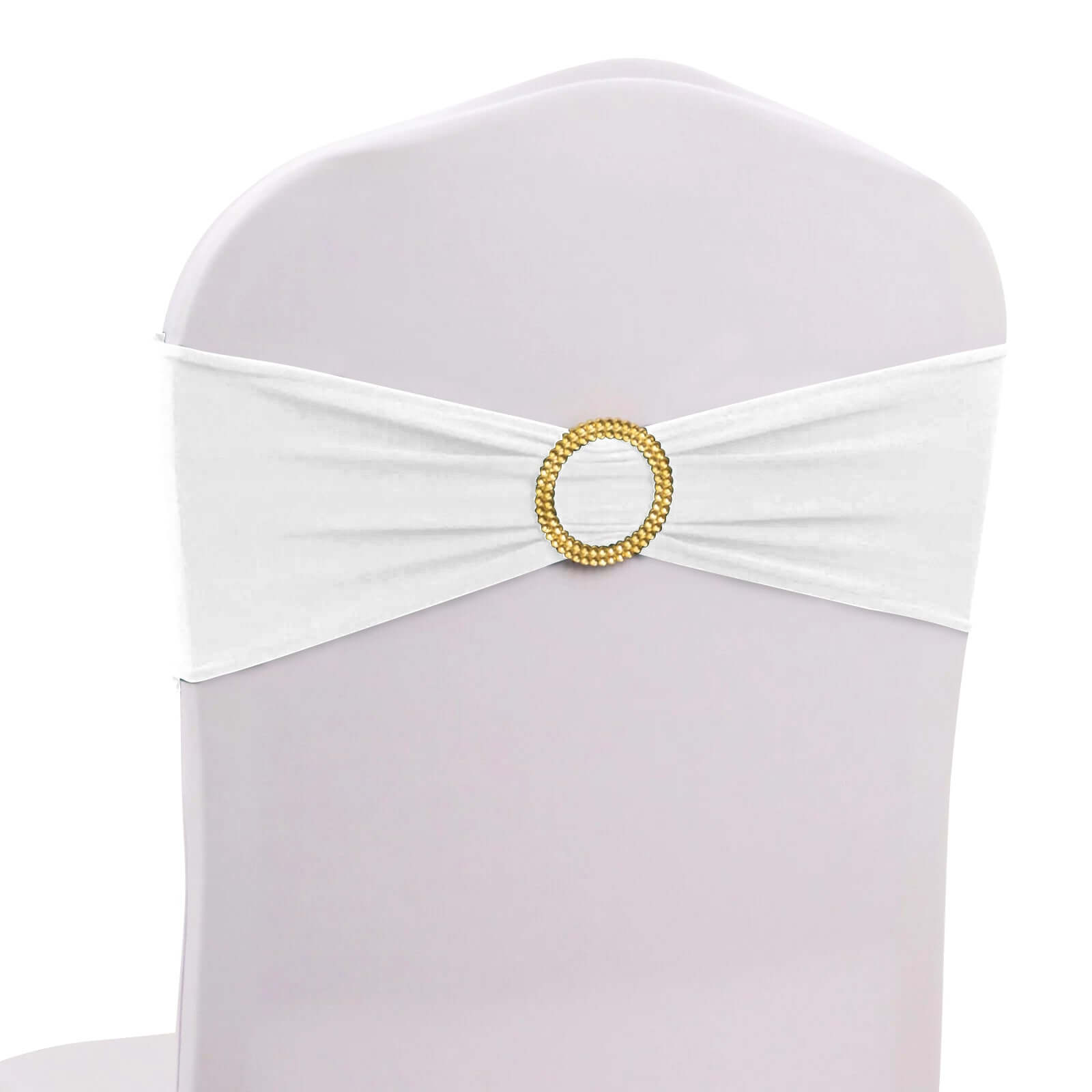 5-Piece Reusable White Spandex Chair Sashes with Gold Rhinestone Plastic Buckles for Weddings and Parties